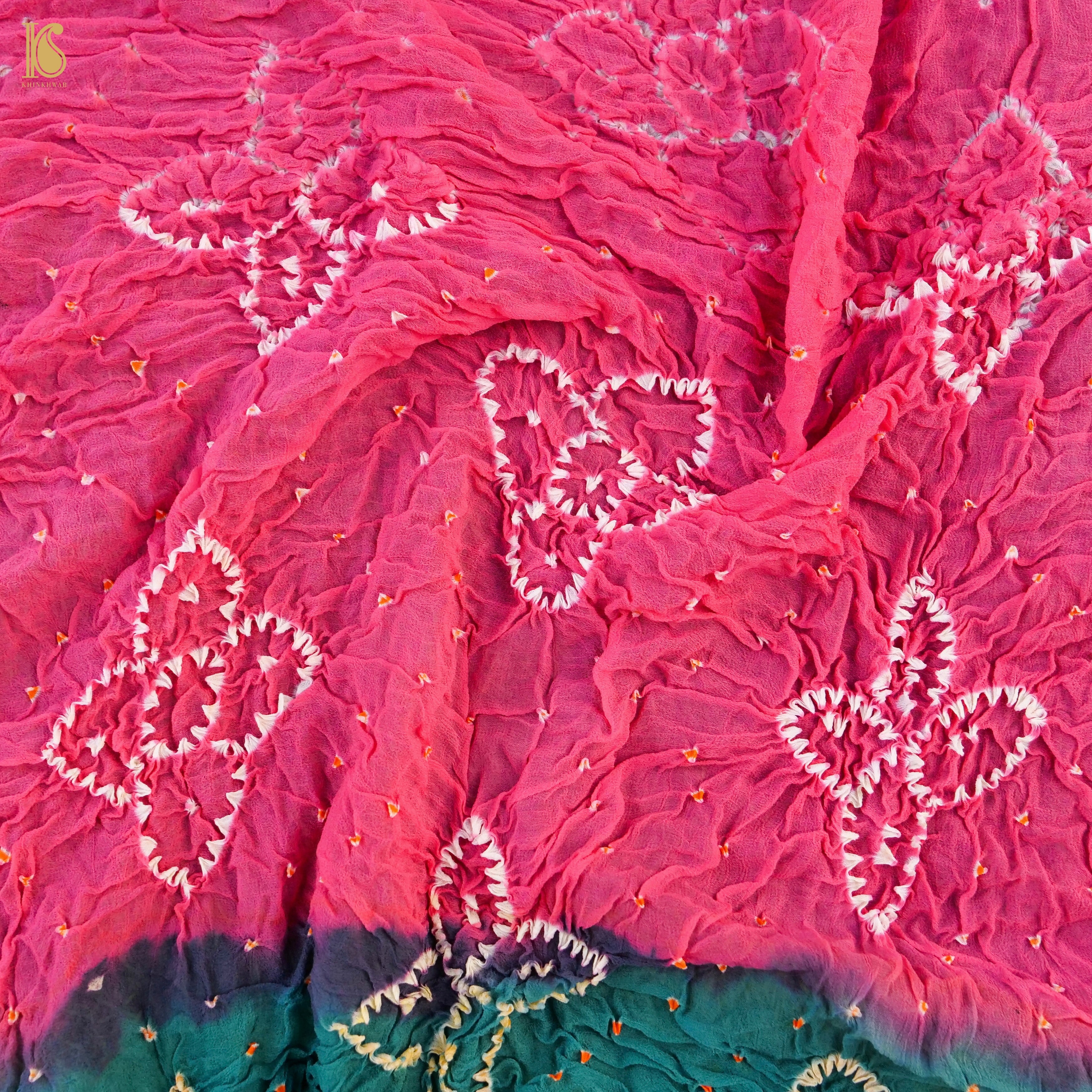 Pink & Green Pure Georgette Bandhani Stole - Khinkhwab