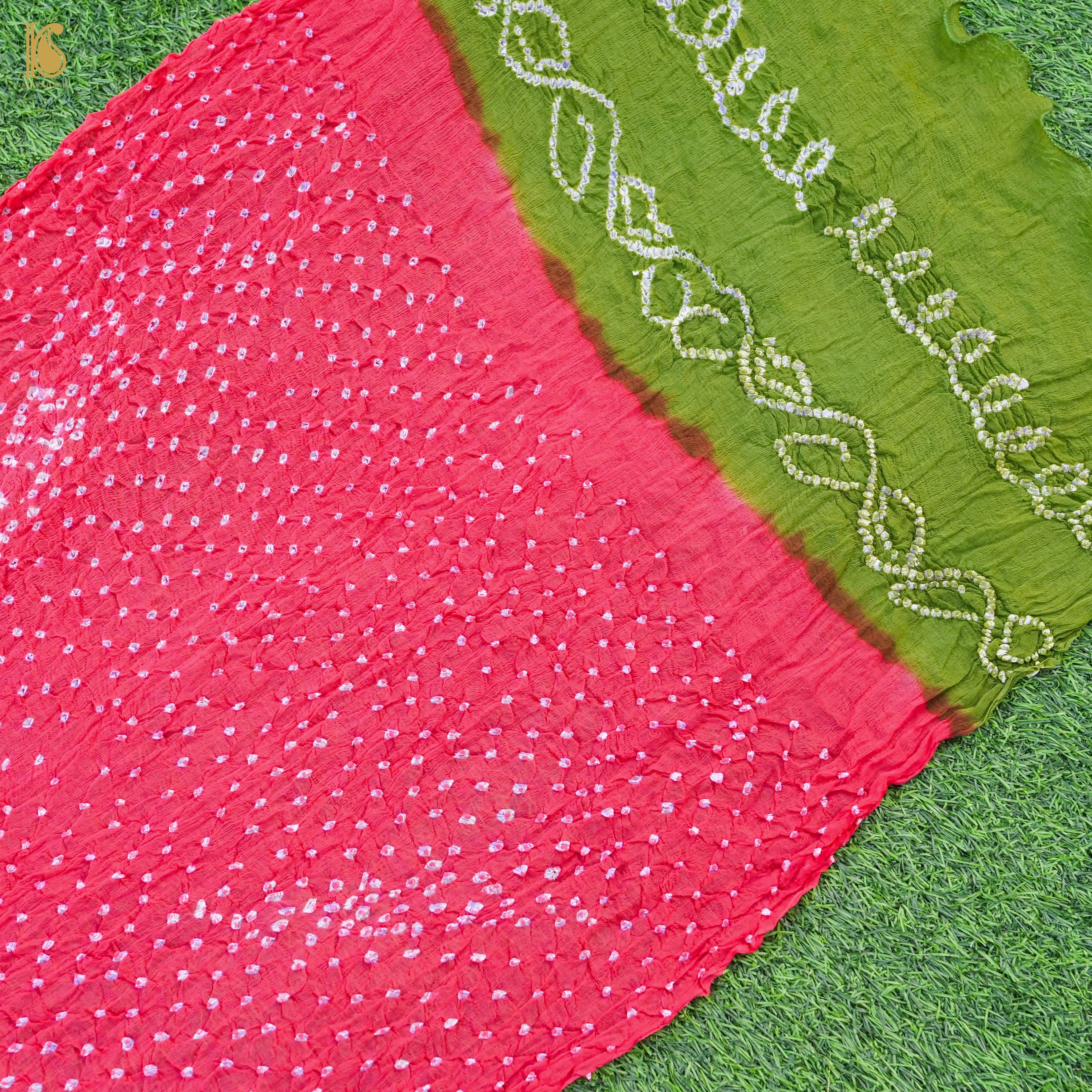 Pink & Green Pure Georgette Bandhani Stole - Khinkhwab