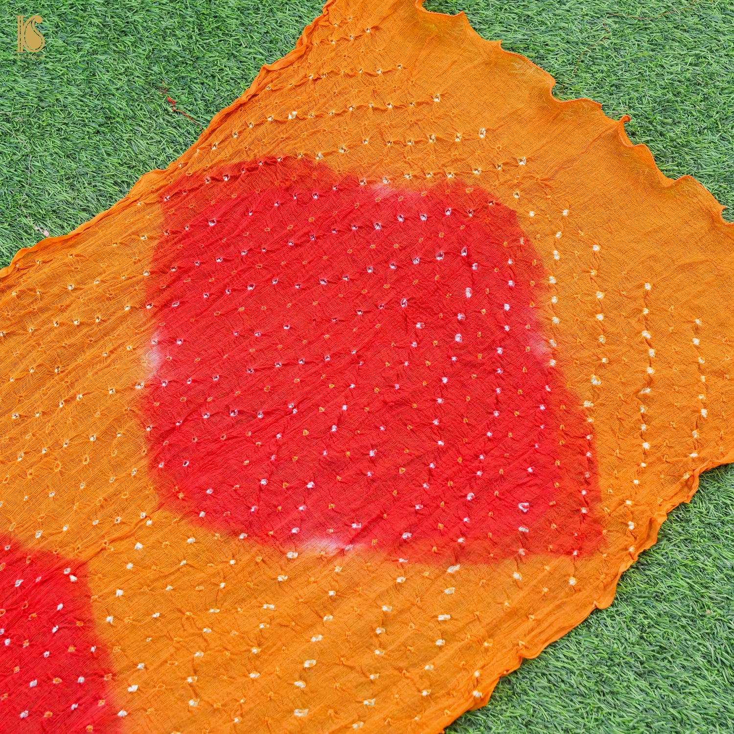 Yellow & Orange Pure Georgette Bandhani Stole - Khinkhwab