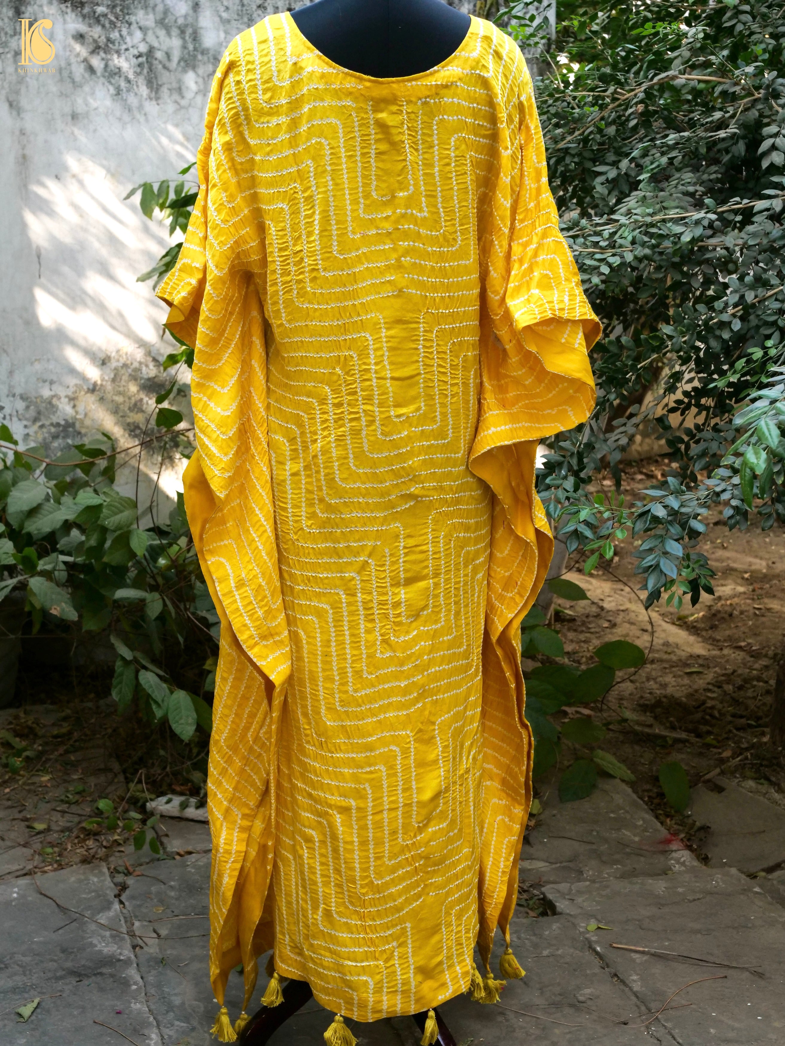 Yellow Pure Gajji Silk Bandhani Stitched Kaftan - Khinkhwab