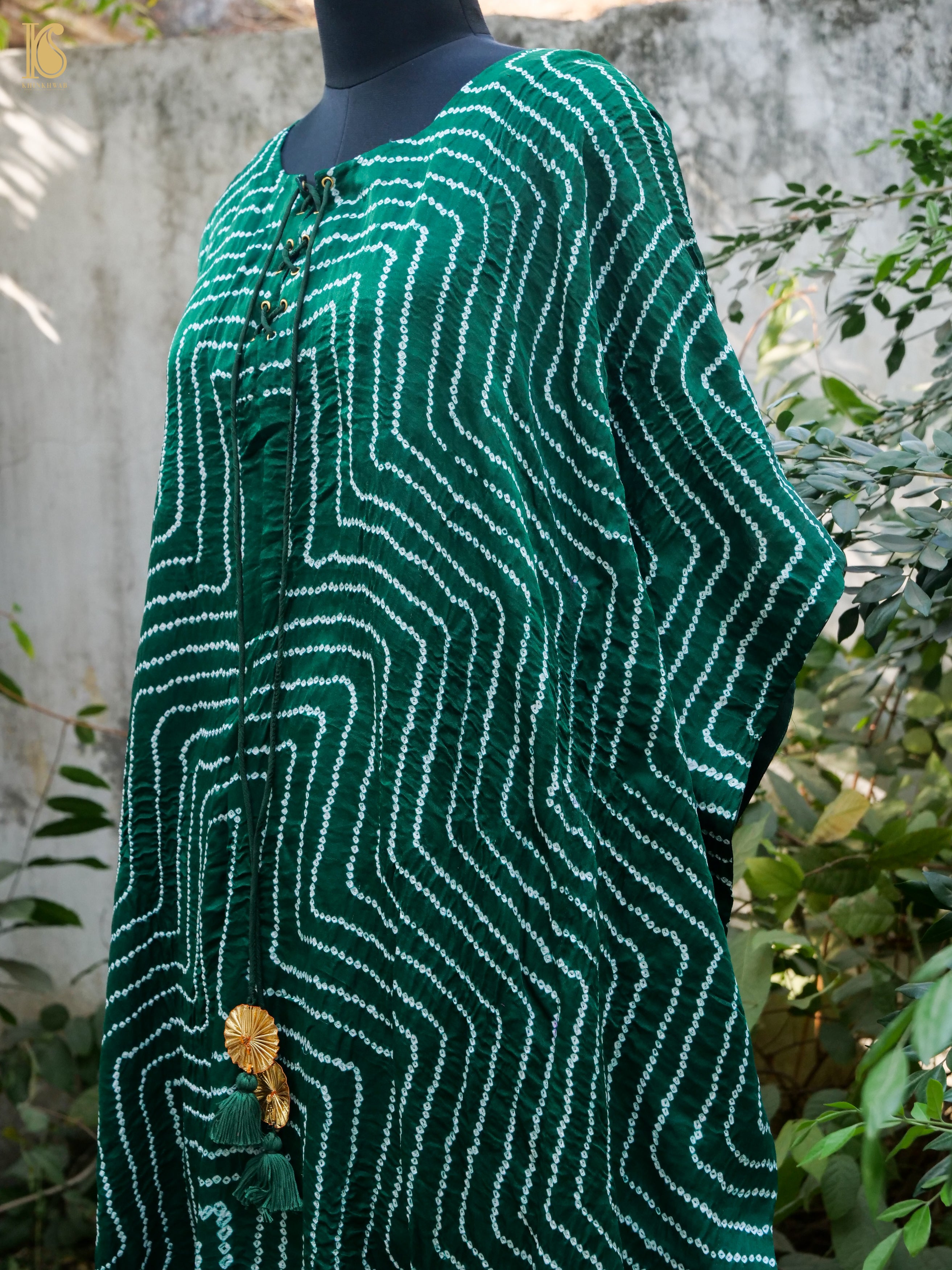Bottle Green Pure Gajji Silk Bandhani Stitched Kaftan - Khinkhwab