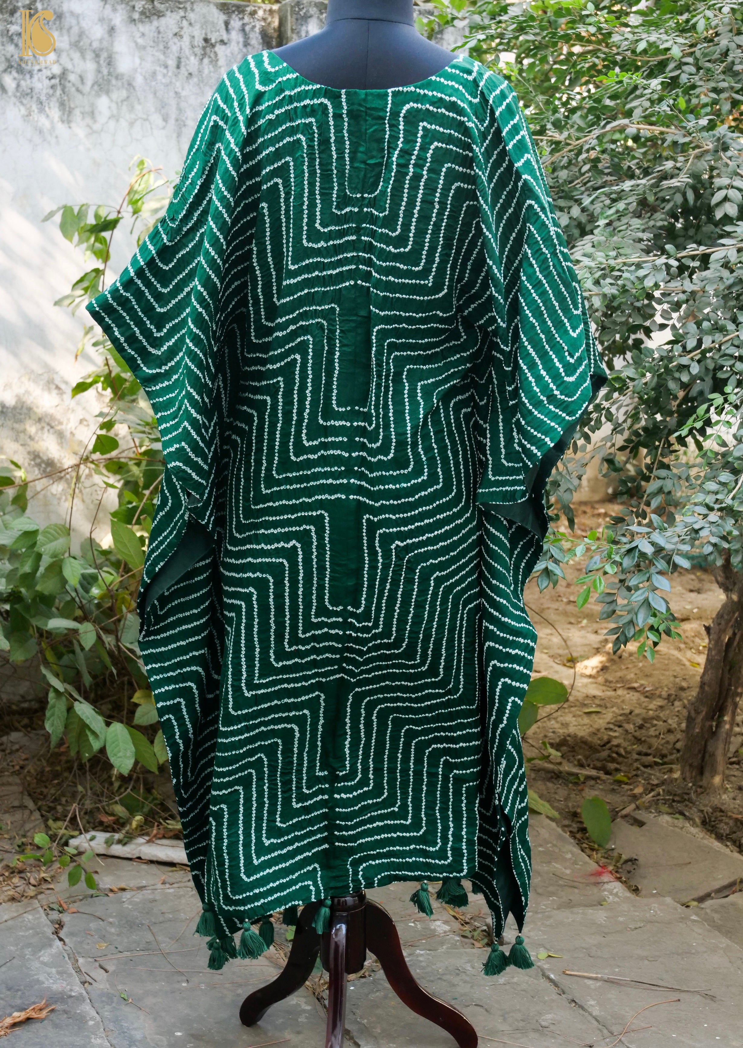 Bottle Green Pure Gajji Silk Bandhani Stitched Kaftan - Khinkhwab