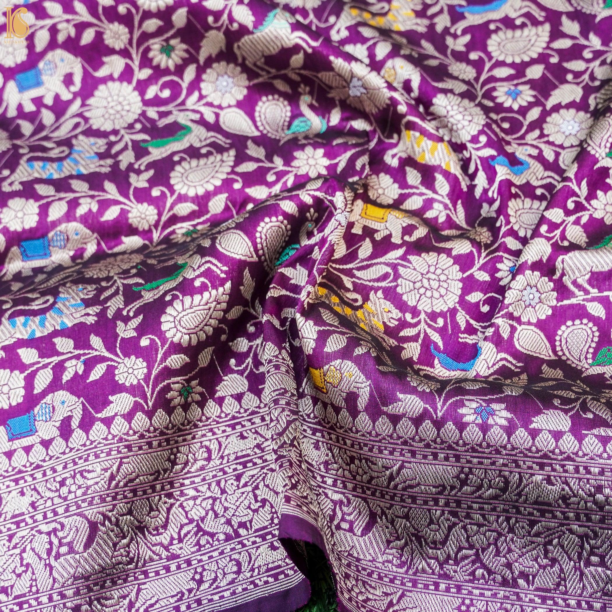 Handwoven Purple Pure Katan Silk Banarasi Shikargah Fabric - Khinkhwab