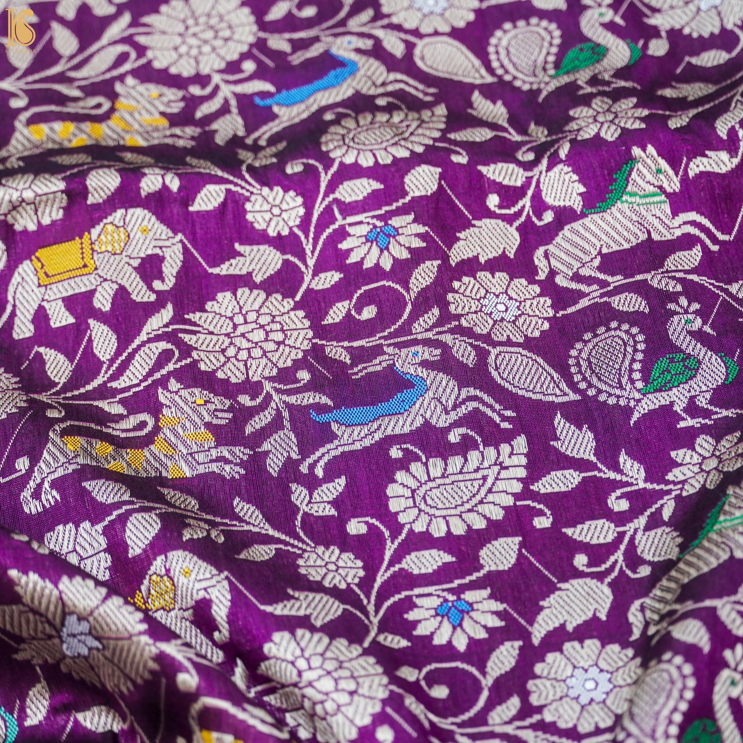 Handwoven Purple Pure Katan Silk Banarasi Shikargah Fabric - Khinkhwab