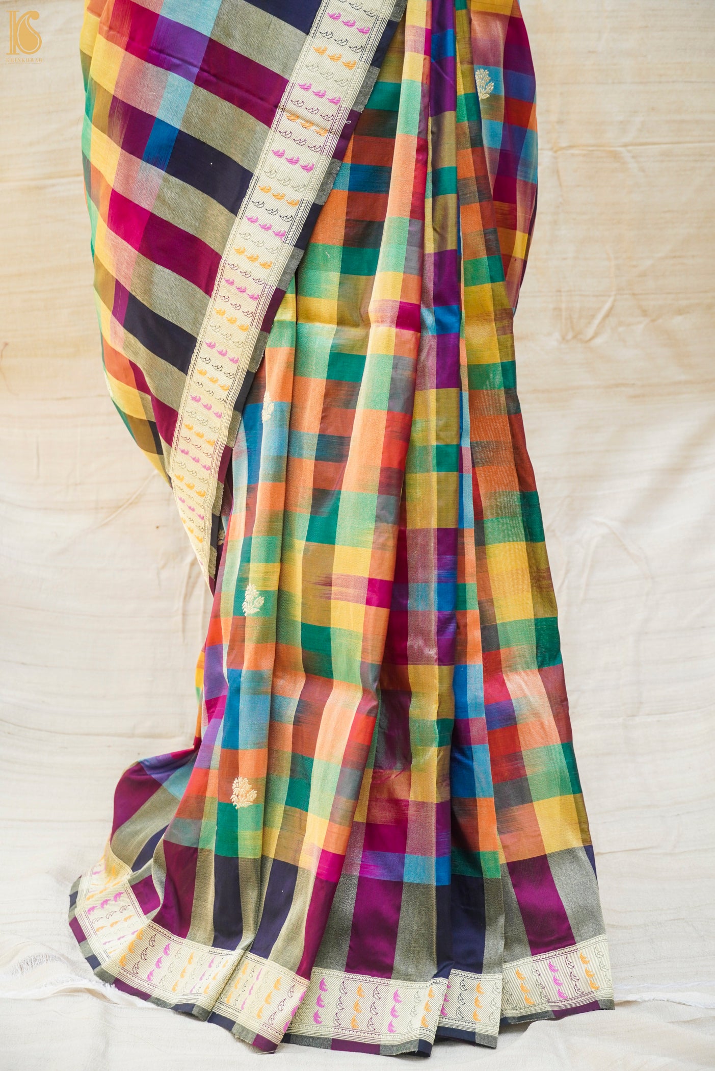 Pure Katan Silk Banarasi Kadwa Rangkat Handloom Check Saree - Khinkhwab