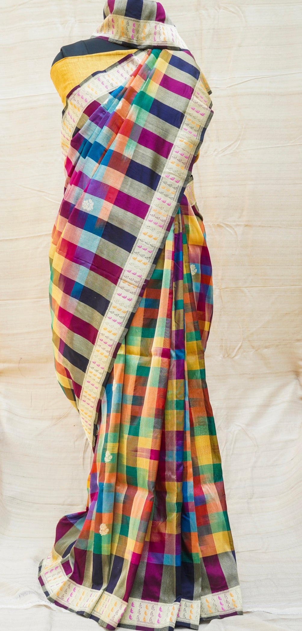 Pure Katan Silk Banarasi Kadwa Rangkat Handloom Check Saree - Khinkhwab