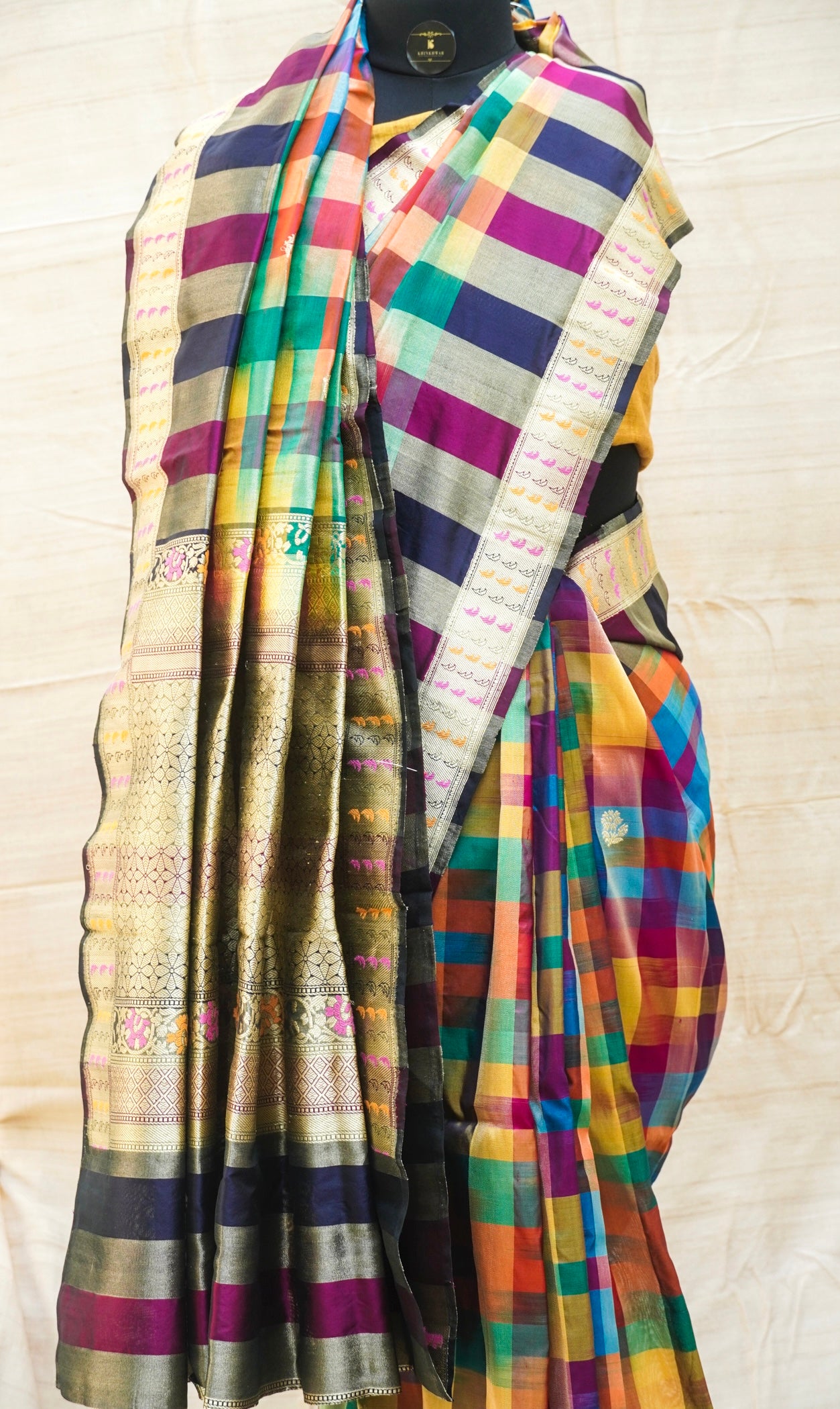 Pure Katan Silk Banarasi Kadwa Rangkat Handloom Check Saree - Khinkhwab