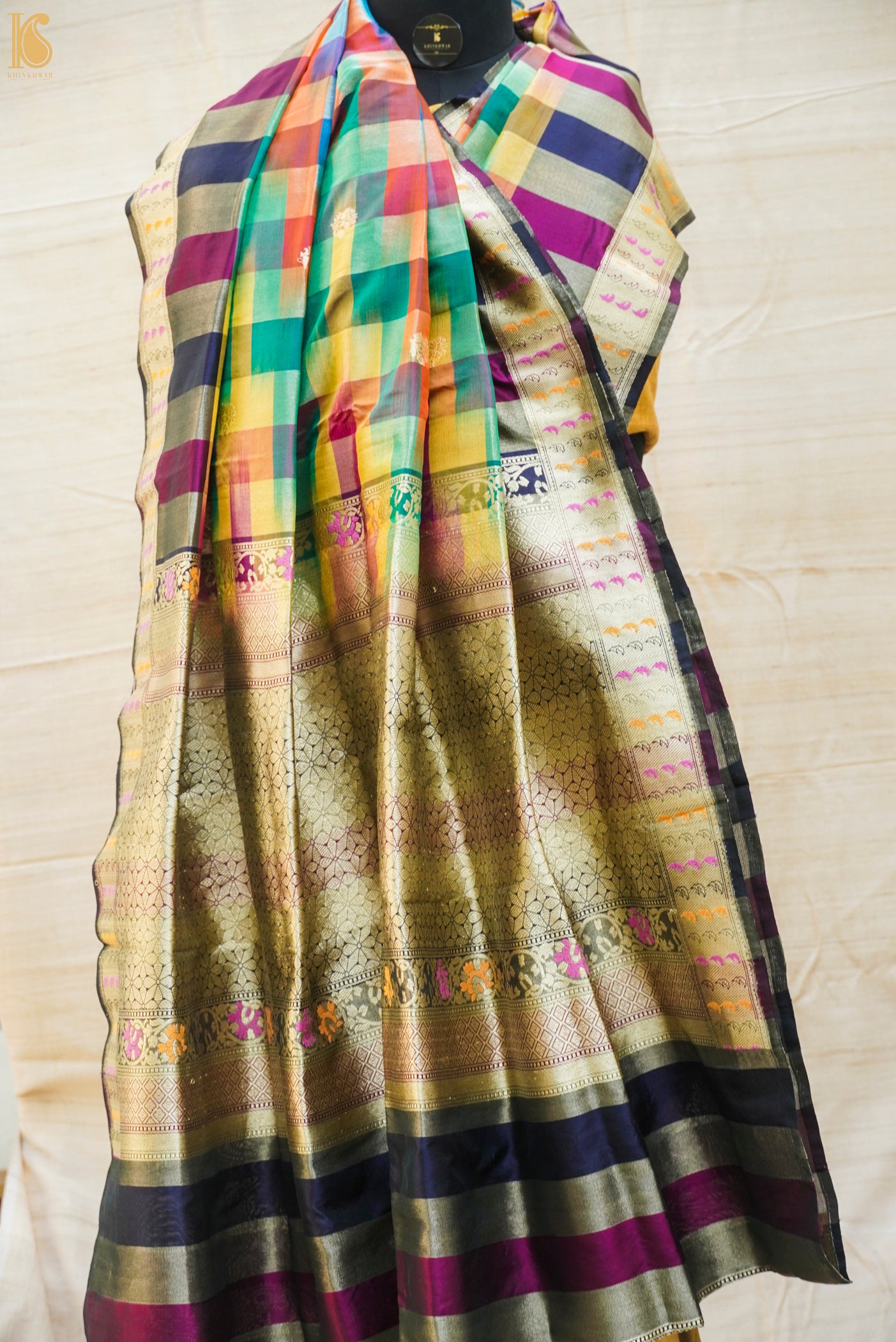Pure Katan Silk Banarasi Kadwa Rangkat Handloom Check Saree - Khinkhwab