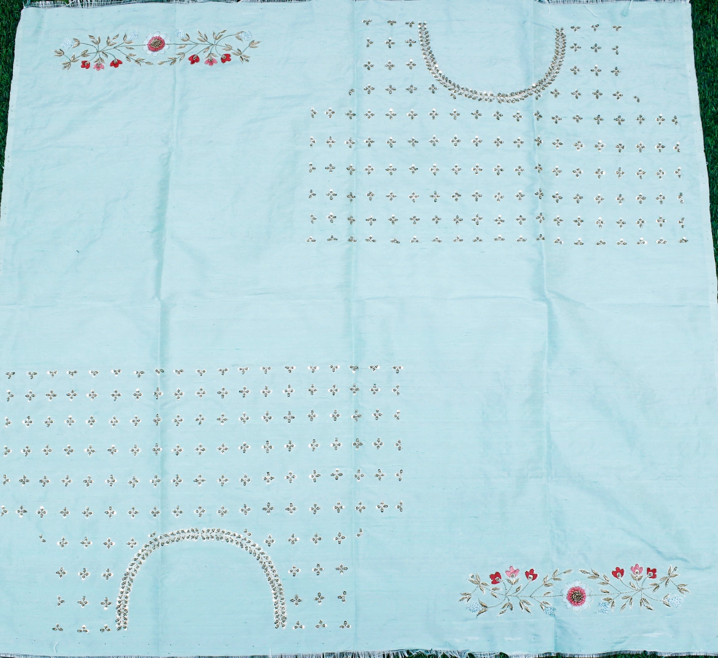 Zardozi and Resham Hand Embroidered Pure Raw Silk Blouse Fabric - Khinkhwab