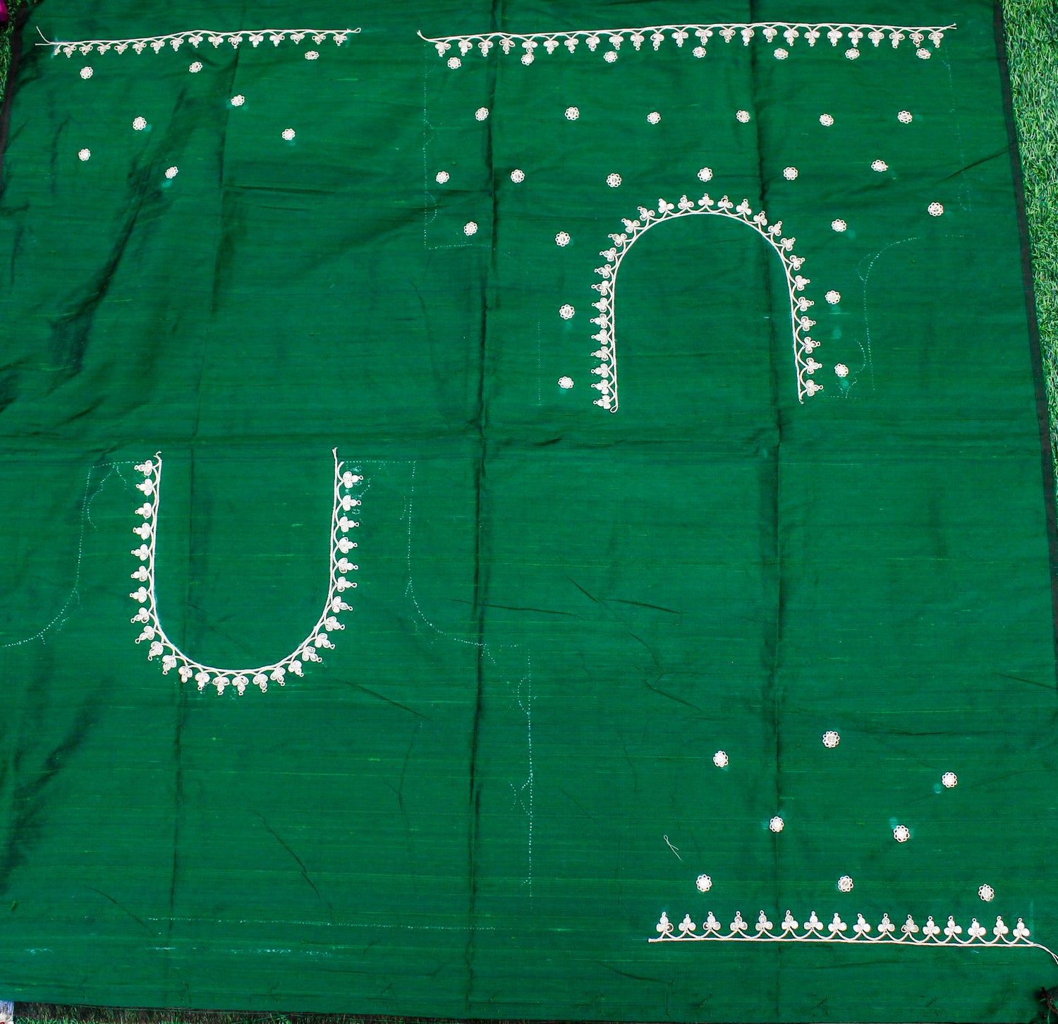 Salem Green Marodi Hand Embroidered Pure Raw Silk Blouse Fabric - Khinkhwab