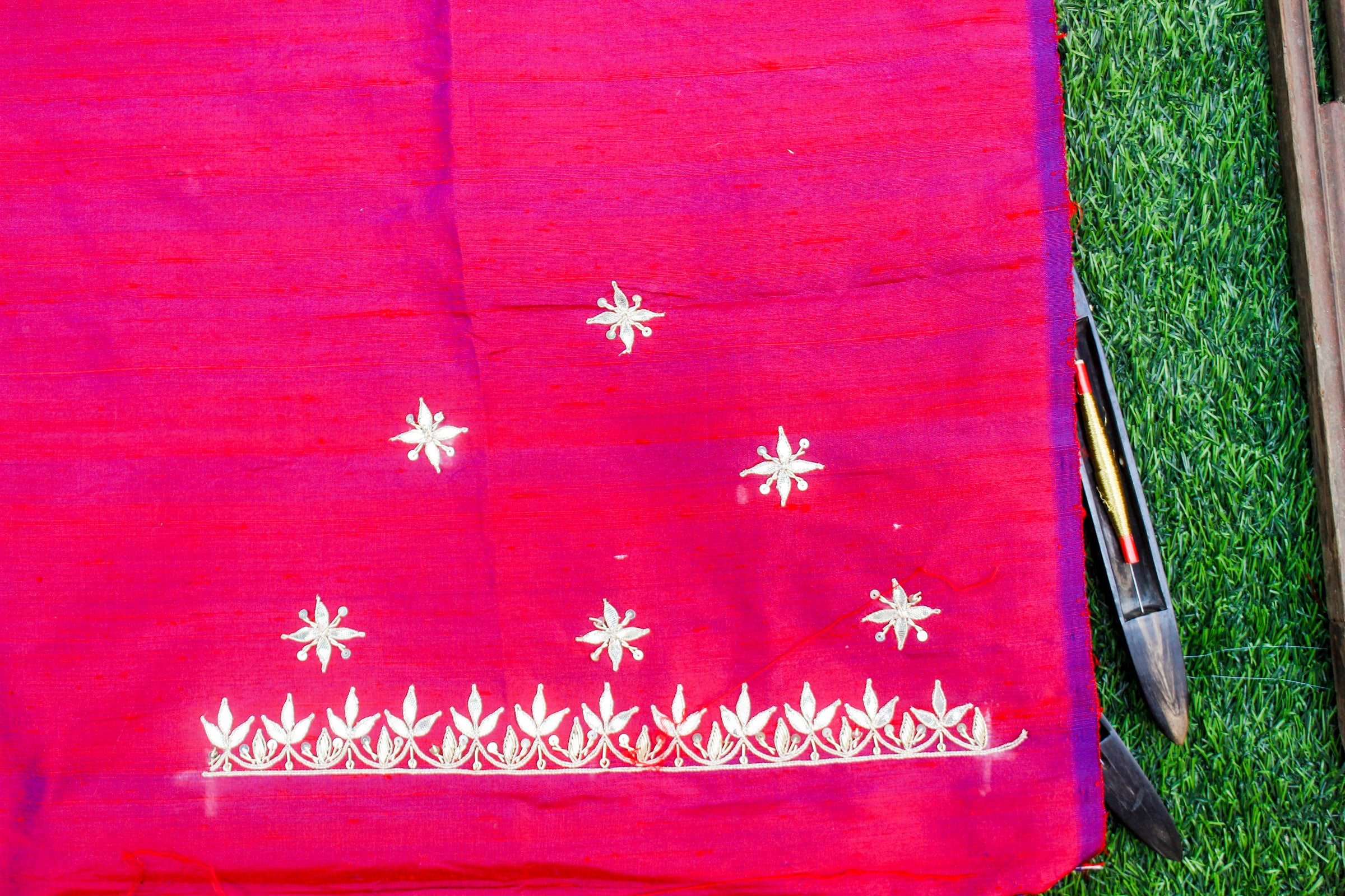 Razzmatazz Pink Gotta Hand Embroidered Pure Raw Silk Blouse Fabric - Khinkhwab