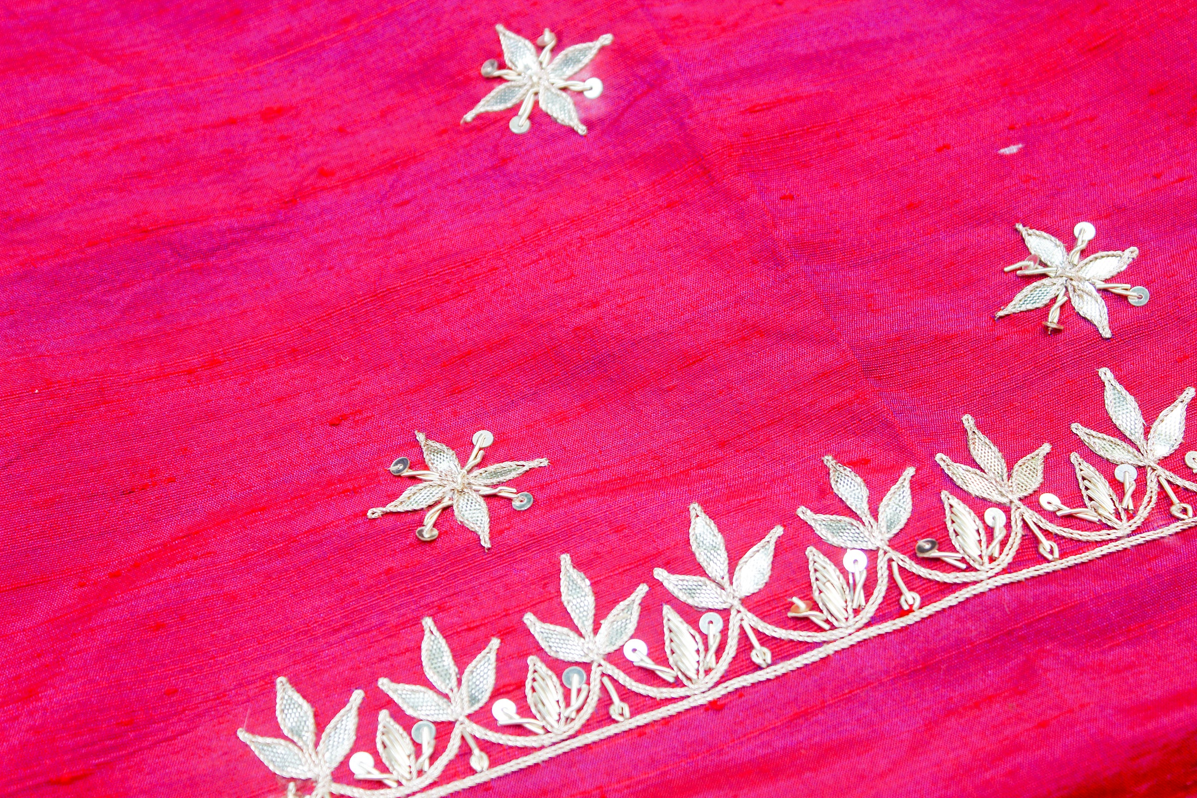 Razzmatazz Pink Gotta Hand Embroidered Pure Raw Silk Blouse Fabric - Khinkhwab