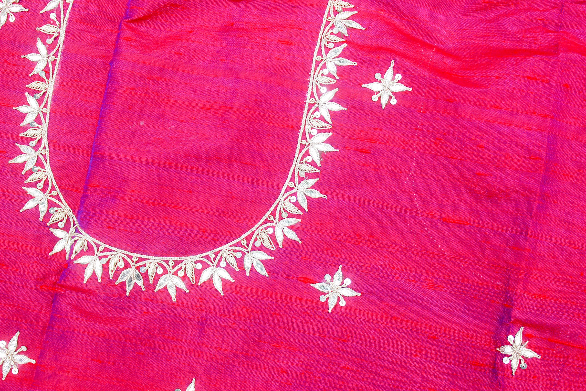 Razzmatazz Pink Gotta Hand Embroidered Pure Raw Silk Blouse Fabric - Khinkhwab