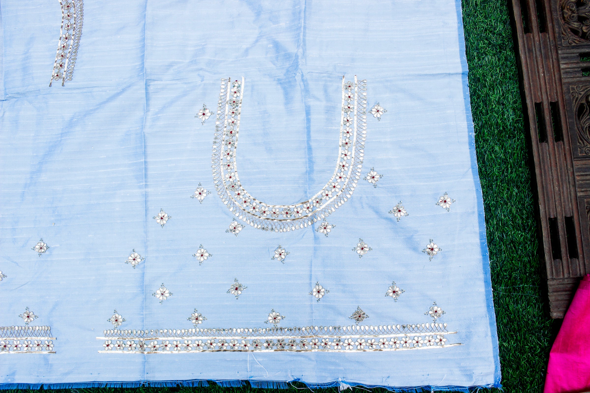 Hawkes Blue Gotta & Marodi Hand Embroidered Pure Raw Silk Blouse Fabric - Khinkhwab