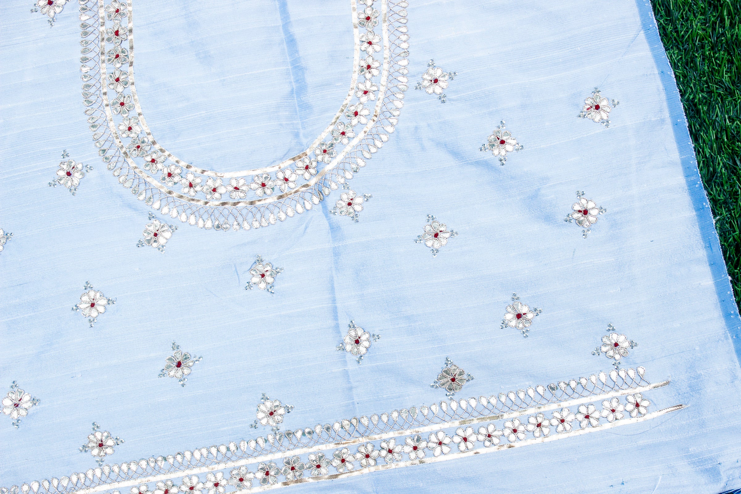 Hawkes Blue Gotta & Marodi Hand Embroidered Pure Raw Silk Blouse Fabric - Khinkhwab