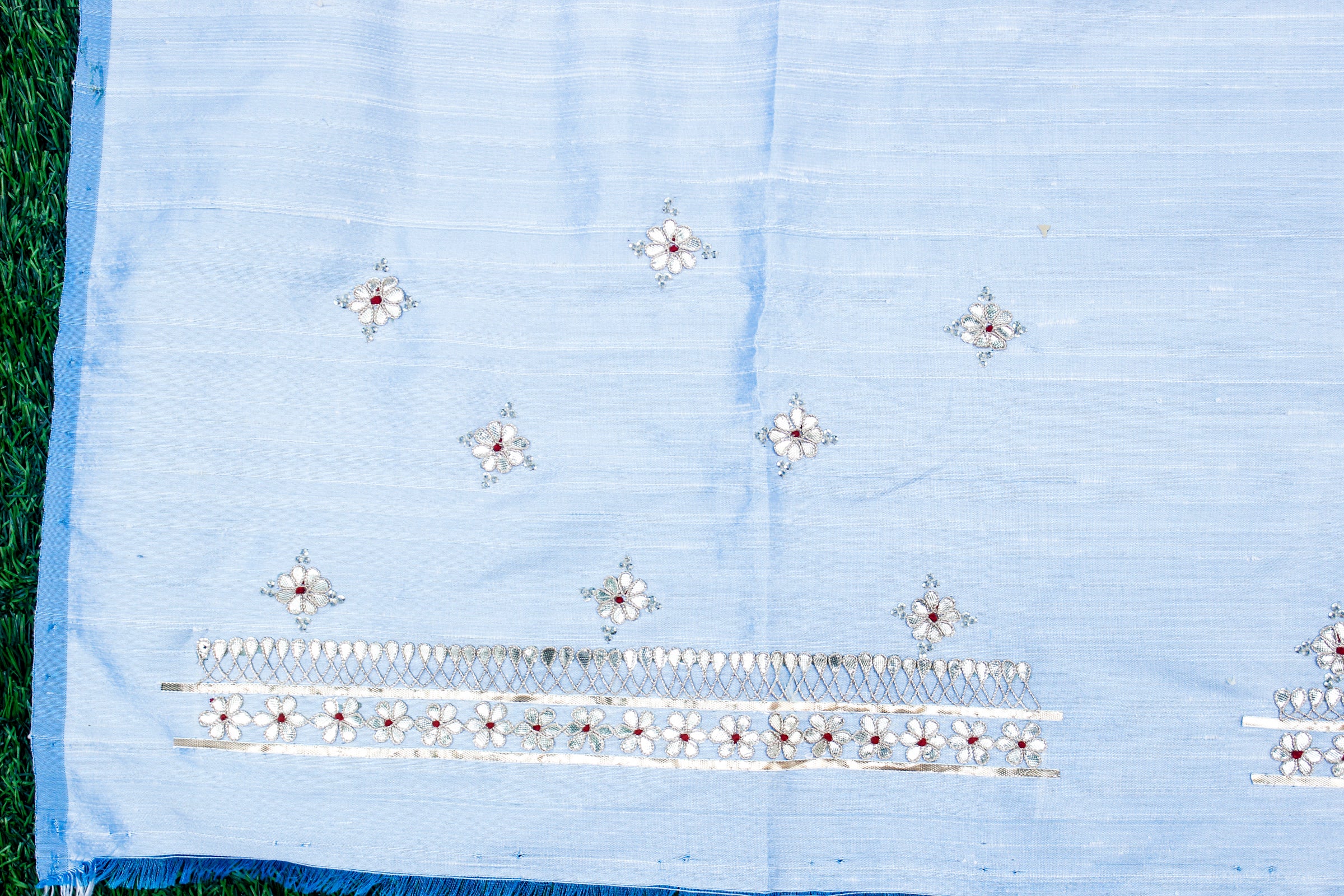 Hawkes Blue Gotta & Marodi Hand Embroidered Pure Raw Silk Blouse Fabric - Khinkhwab