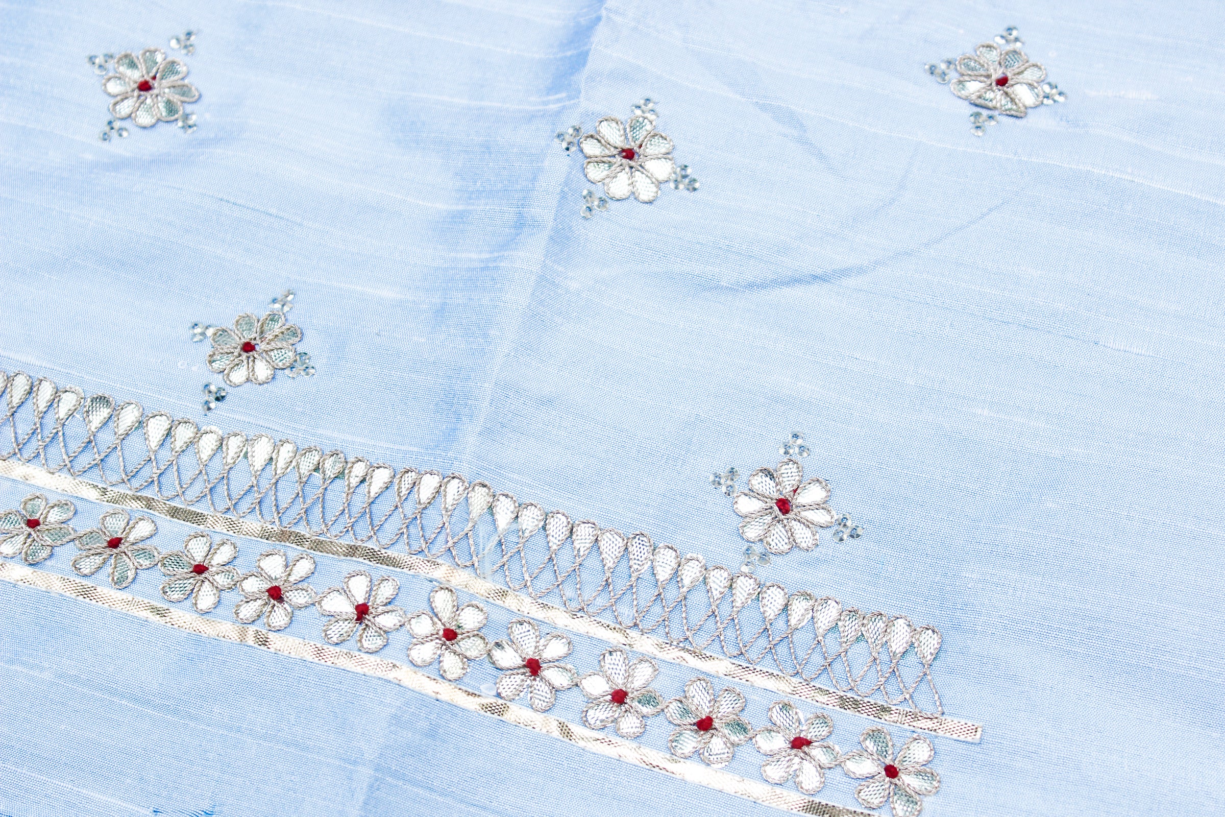 Hawkes Blue Gotta & Marodi Hand Embroidered Pure Raw Silk Blouse Fabric - Khinkhwab
