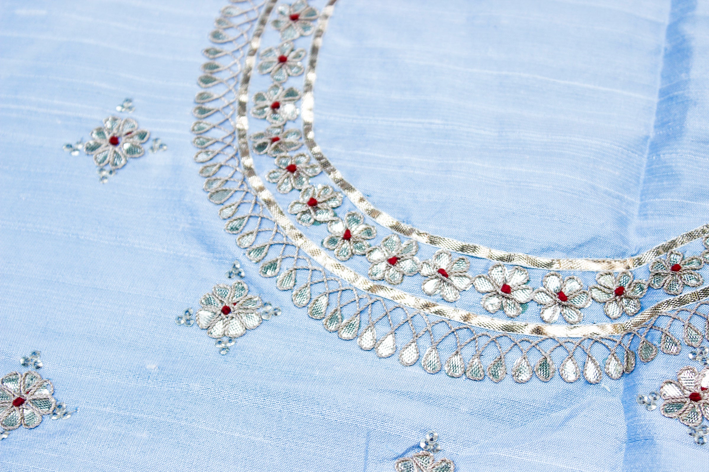 Hawkes Blue Gotta & Marodi Hand Embroidered Pure Raw Silk Blouse Fabric - Khinkhwab