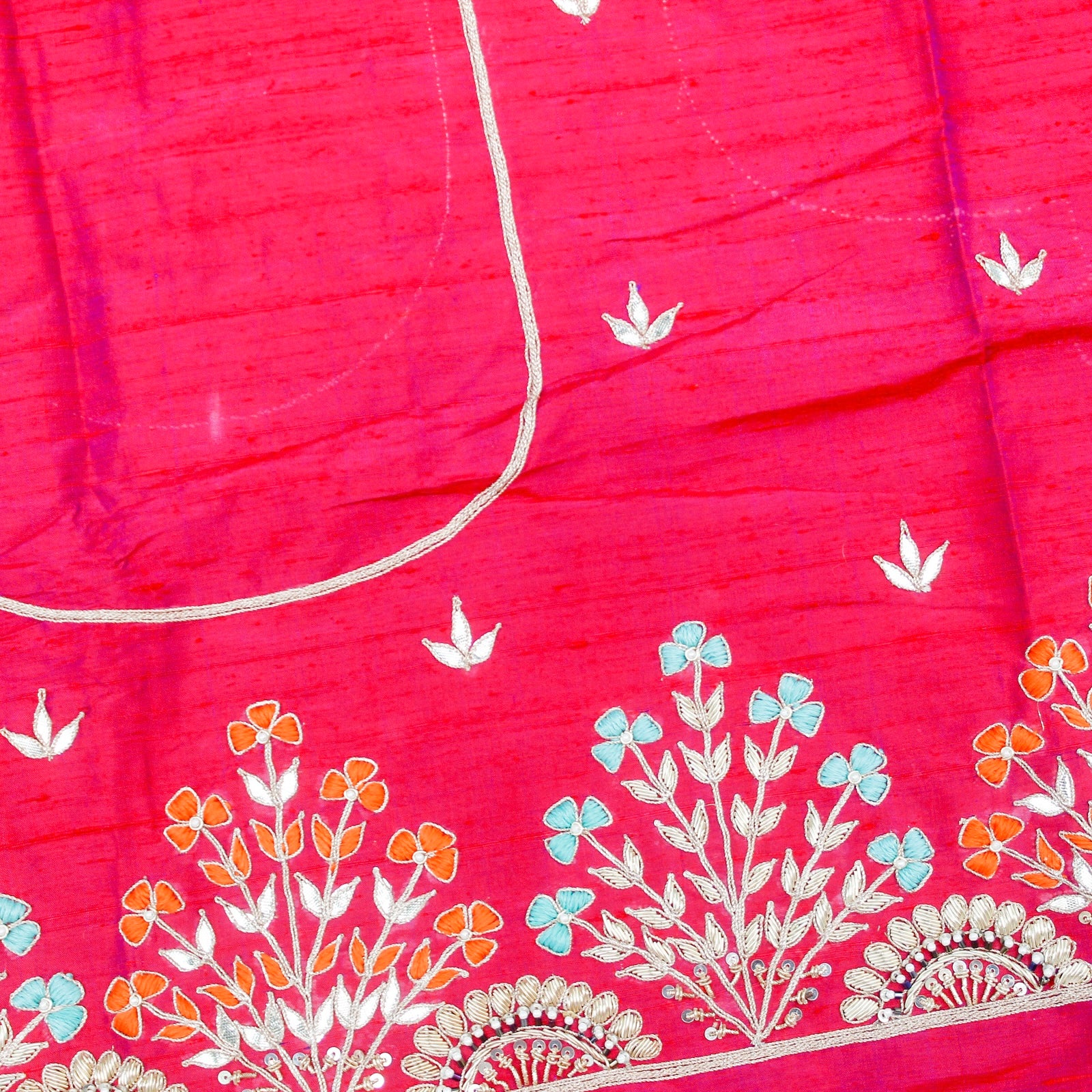 Crimson Red Gotta & Zardozi Hand Embroidered Pure Raw Silk Blouse Fabric - Khinkhwab