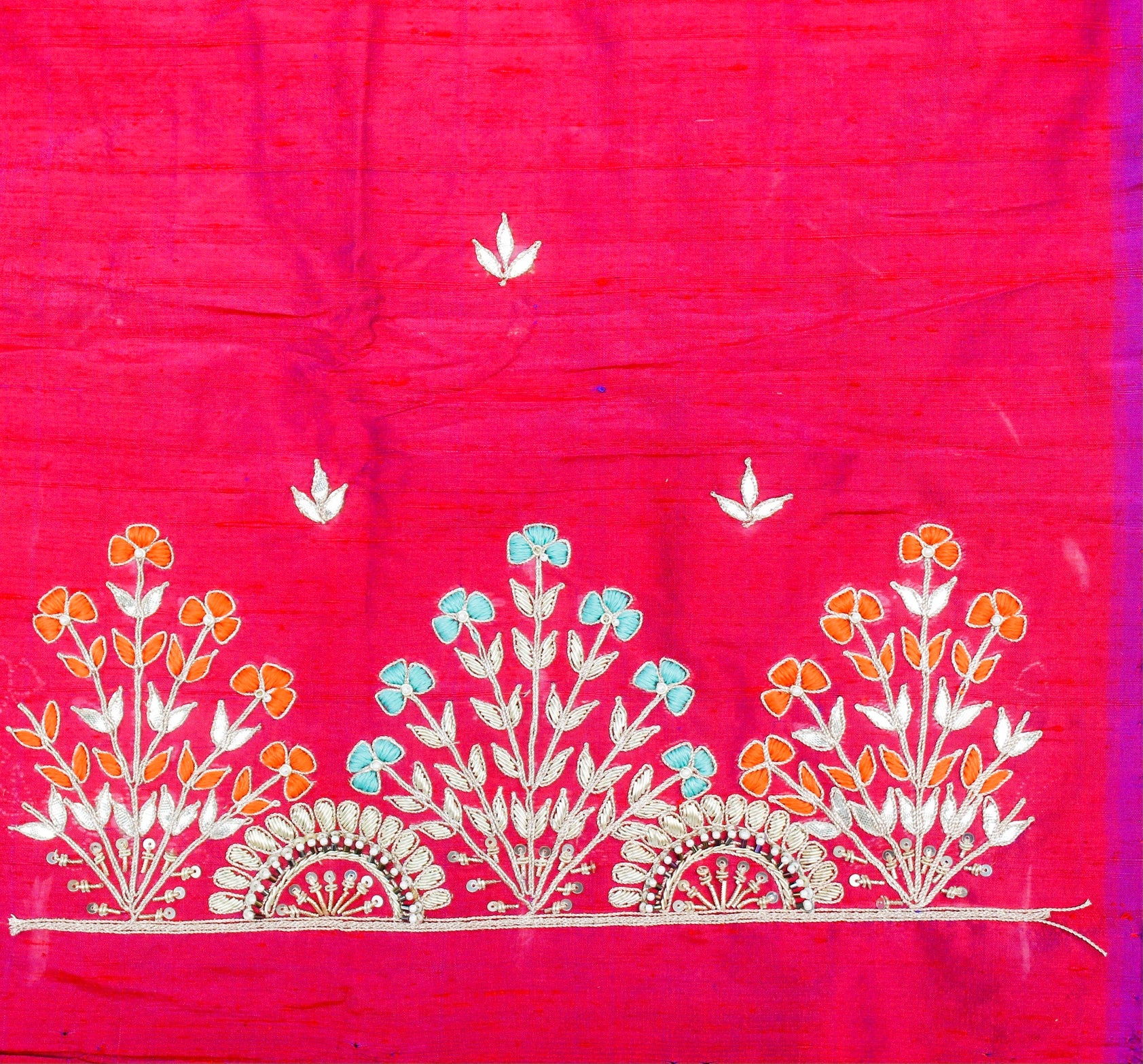 Crimson Red Gotta & Zardozi Hand Embroidered Pure Raw Silk Blouse Fabric - Khinkhwab