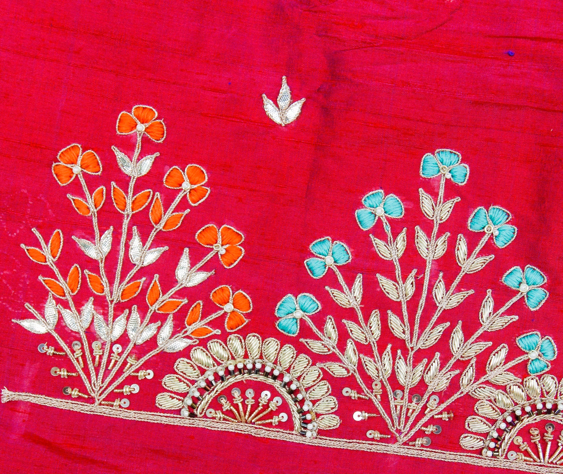 Crimson Red Gotta & Zardozi Hand Embroidered Pure Raw Silk Blouse Fabric - Khinkhwab