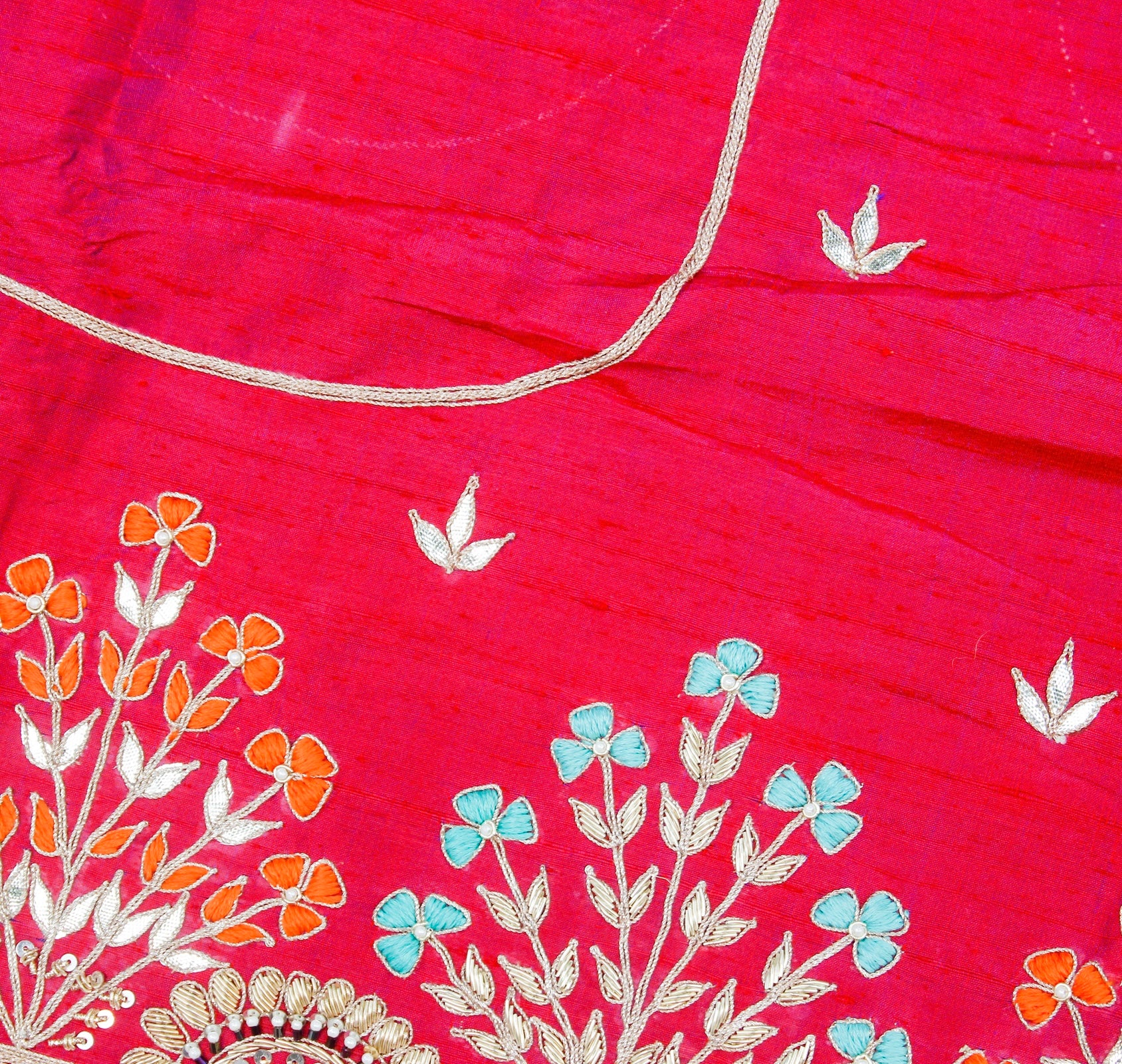 Crimson Red Gotta & Zardozi Hand Embroidered Pure Raw Silk Blouse Fabric - Khinkhwab