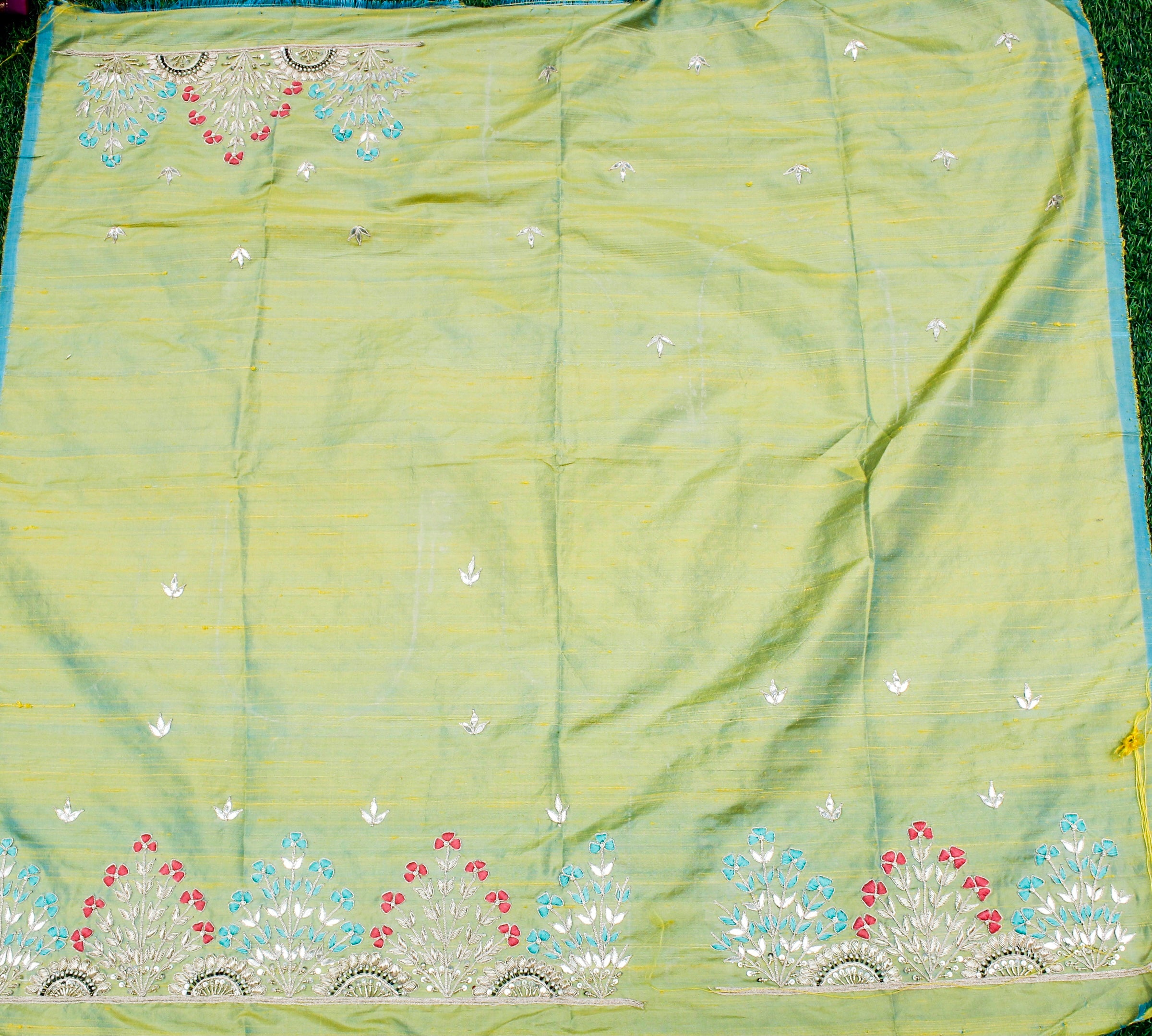 Caper Green Gotta & Zardozi Hand Embroidered Pure Raw Silk Blouse Fabric - Khinkhwab