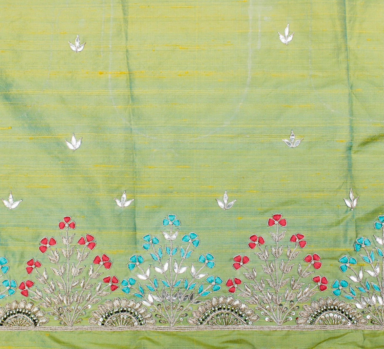 Caper Green Gotta & Zardozi Hand Embroidered Pure Raw Silk Blouse Fabric - Khinkhwab