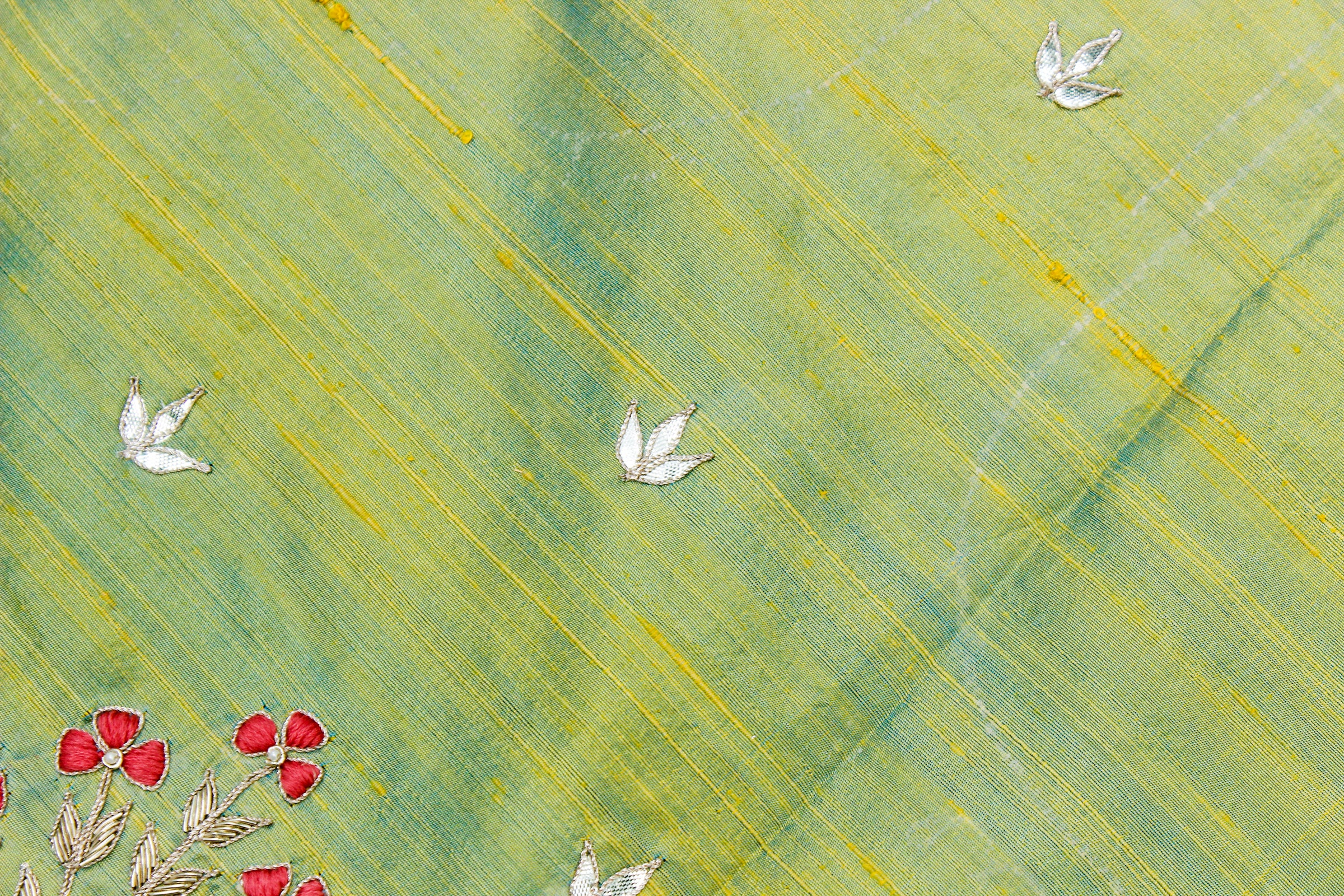 Caper Green Gotta & Zardozi Hand Embroidered Pure Raw Silk Blouse Fabric - Khinkhwab