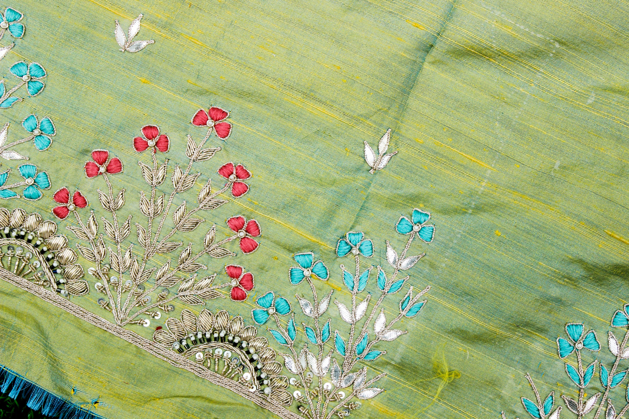 Caper Green Gotta & Zardozi Hand Embroidered Pure Raw Silk Blouse Fabric - Khinkhwab