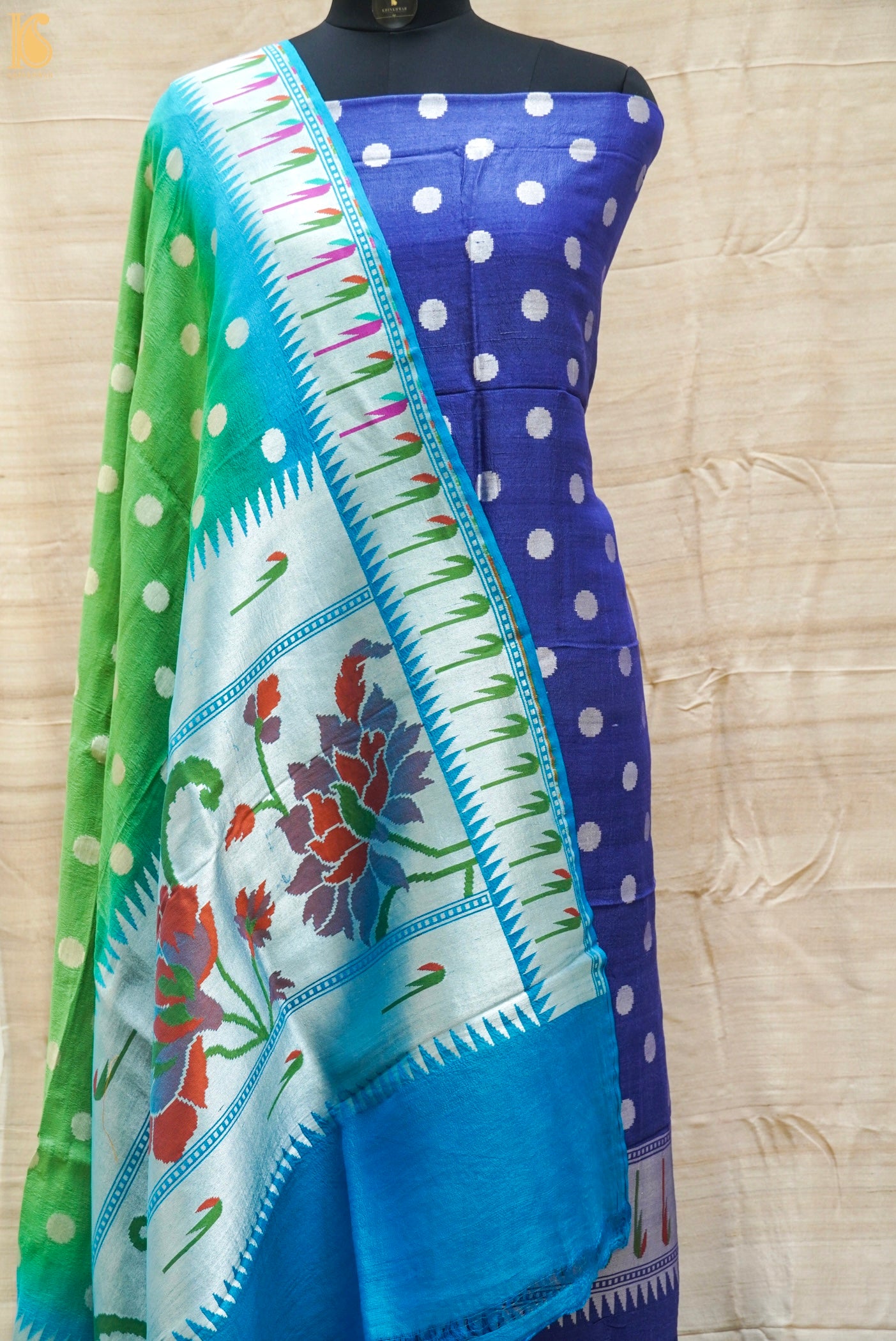 Blue & Green Handwoven Pure Tussar Silk Banarasi Suit Set - Khinkhwab