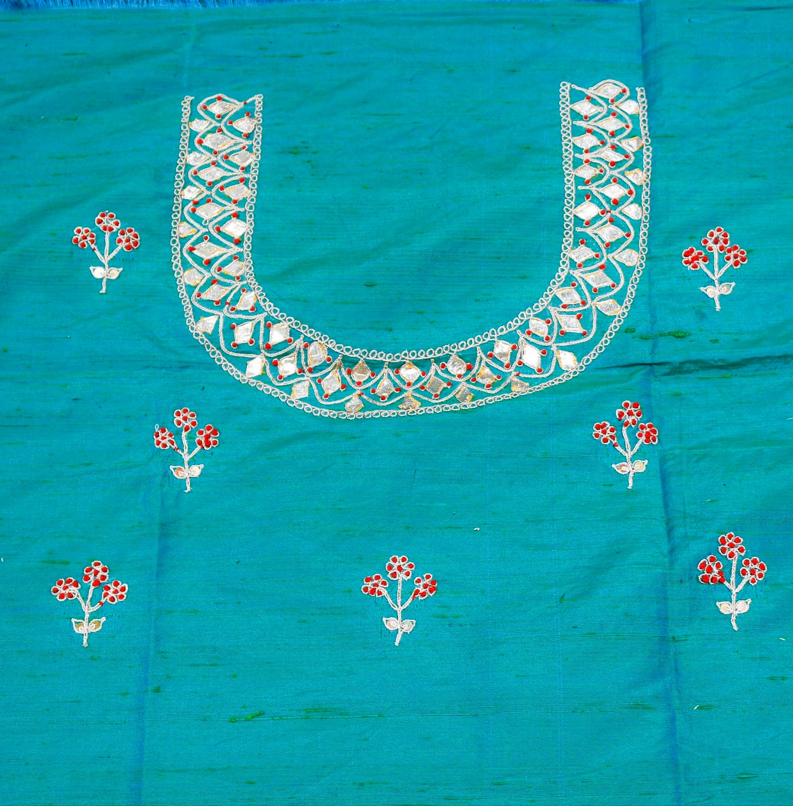 Teal Kachhi Patti & Resham Hand Embroidered Pure Raw Silk Blouse Fabric - Khinkhwab