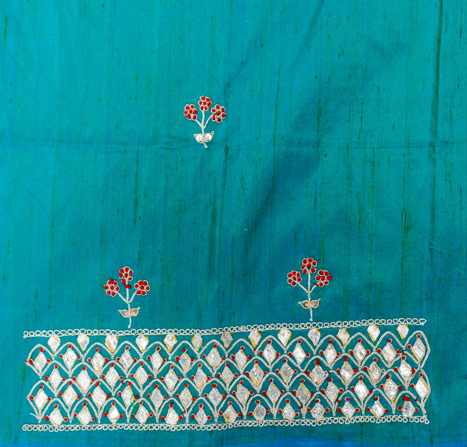 Teal Kachhi Patti & Resham Hand Embroidered Pure Raw Silk Blouse Fabric - Khinkhwab