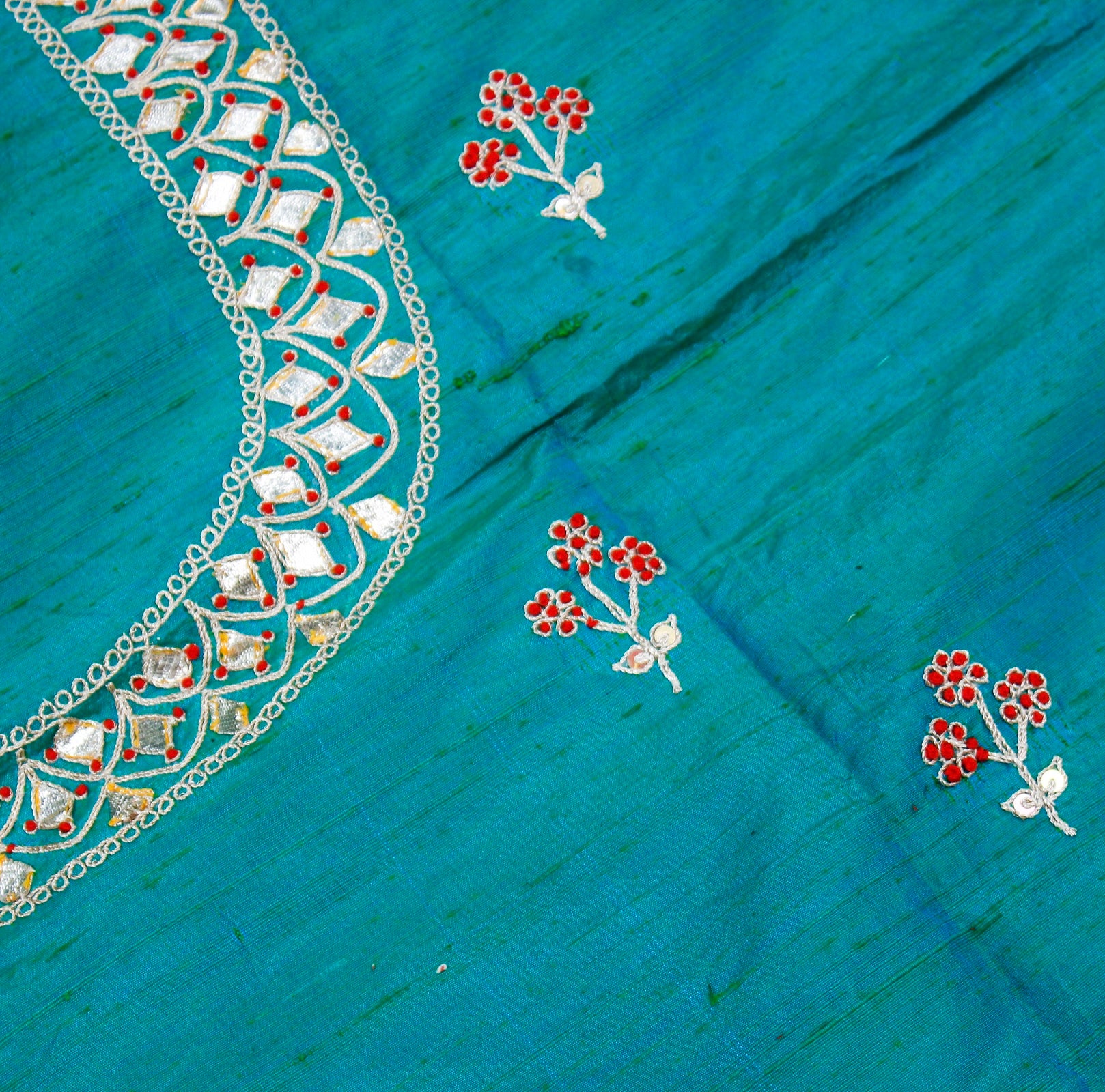 Teal Kachhi Patti & Resham Hand Embroidered Pure Raw Silk Blouse Fabric - Khinkhwab