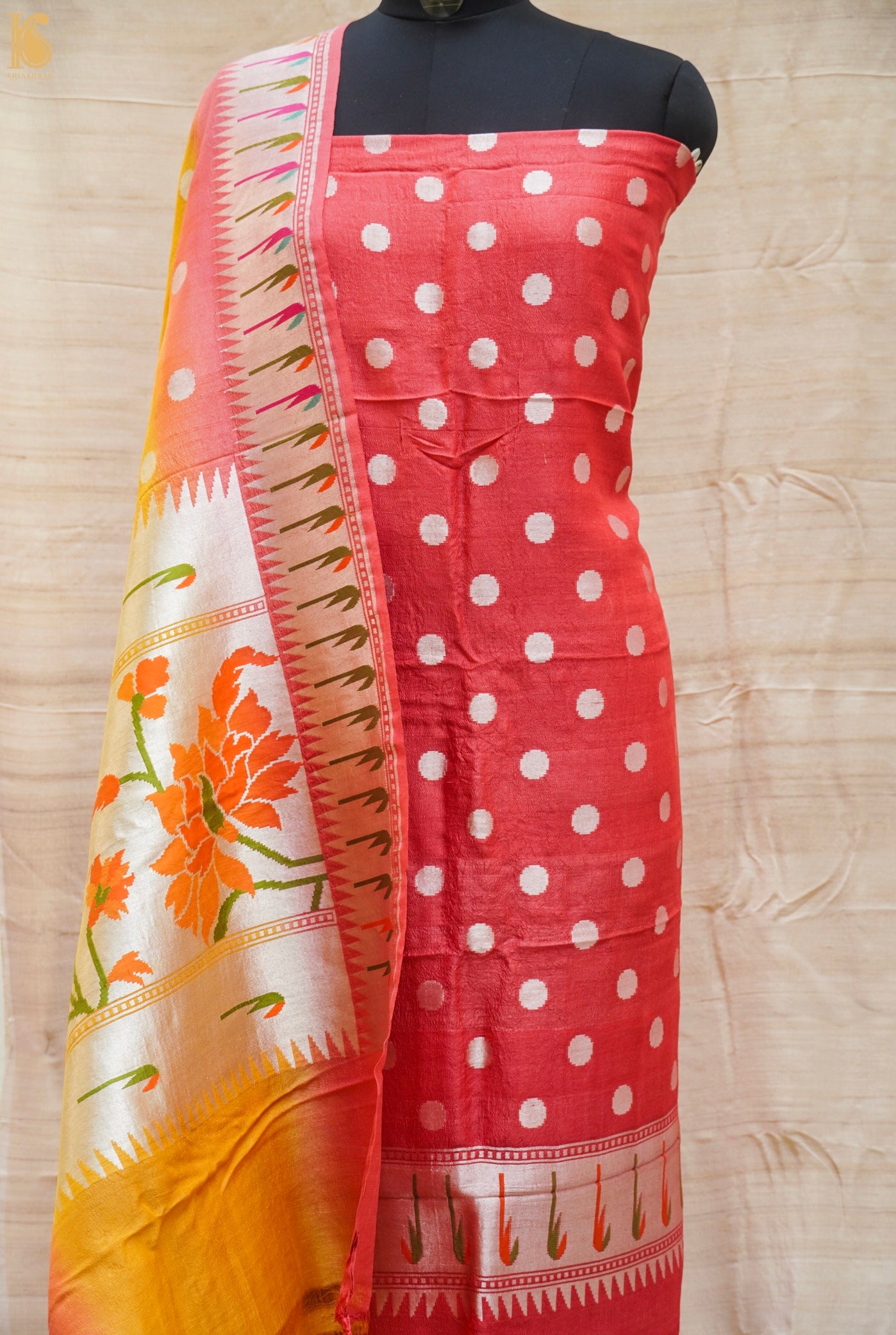 Mandy Orange Handwoven Pure Tussar Silk Banarasi Suit Set - Khinkhwab