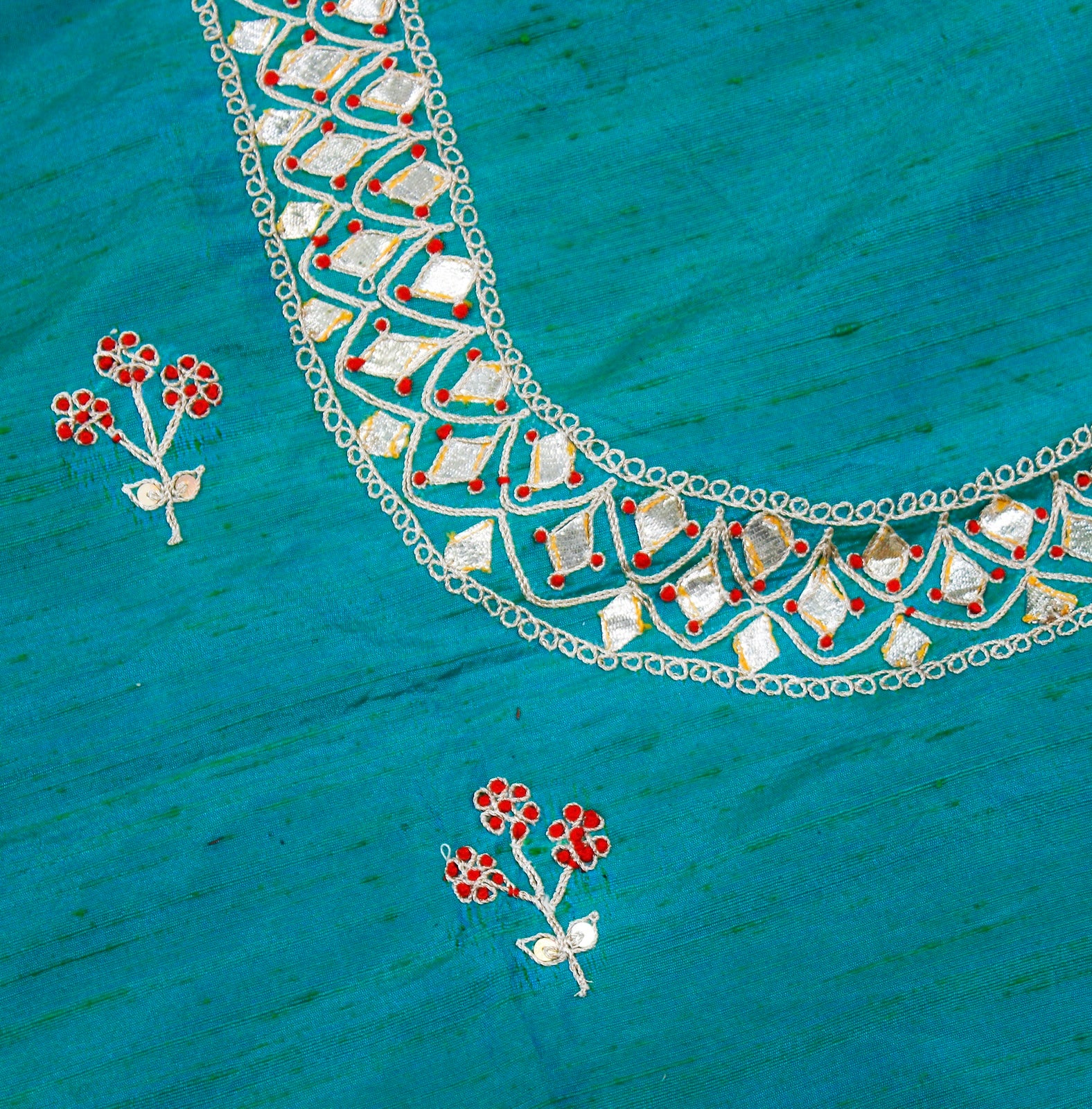 Teal Kachhi Patti & Resham Hand Embroidered Pure Raw Silk Blouse Fabric - Khinkhwab