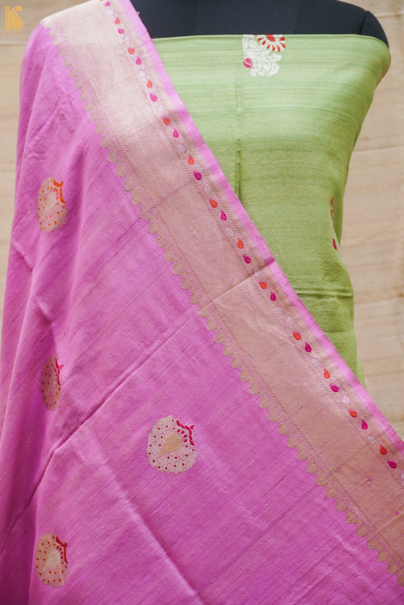 Summer Green Handwoven Pure Tussar Silk Banarasi Suit Set - Khinkhwab