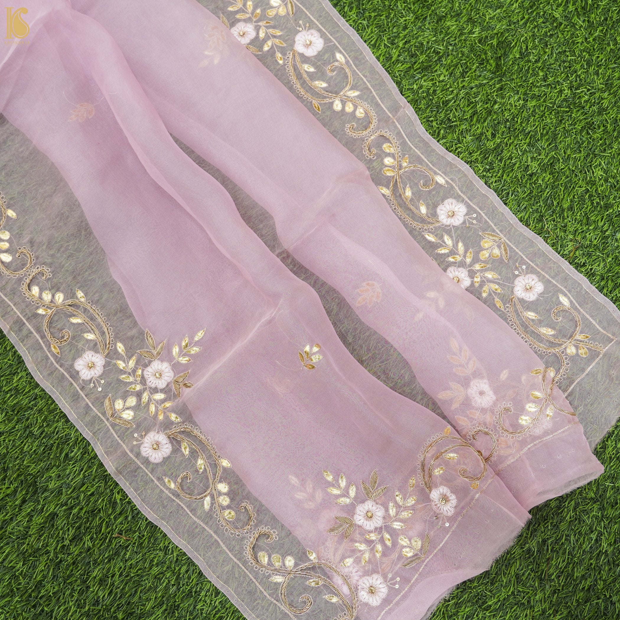 Baby Pink Organza Handloom Embroidered Dupatta - Khinkhwab