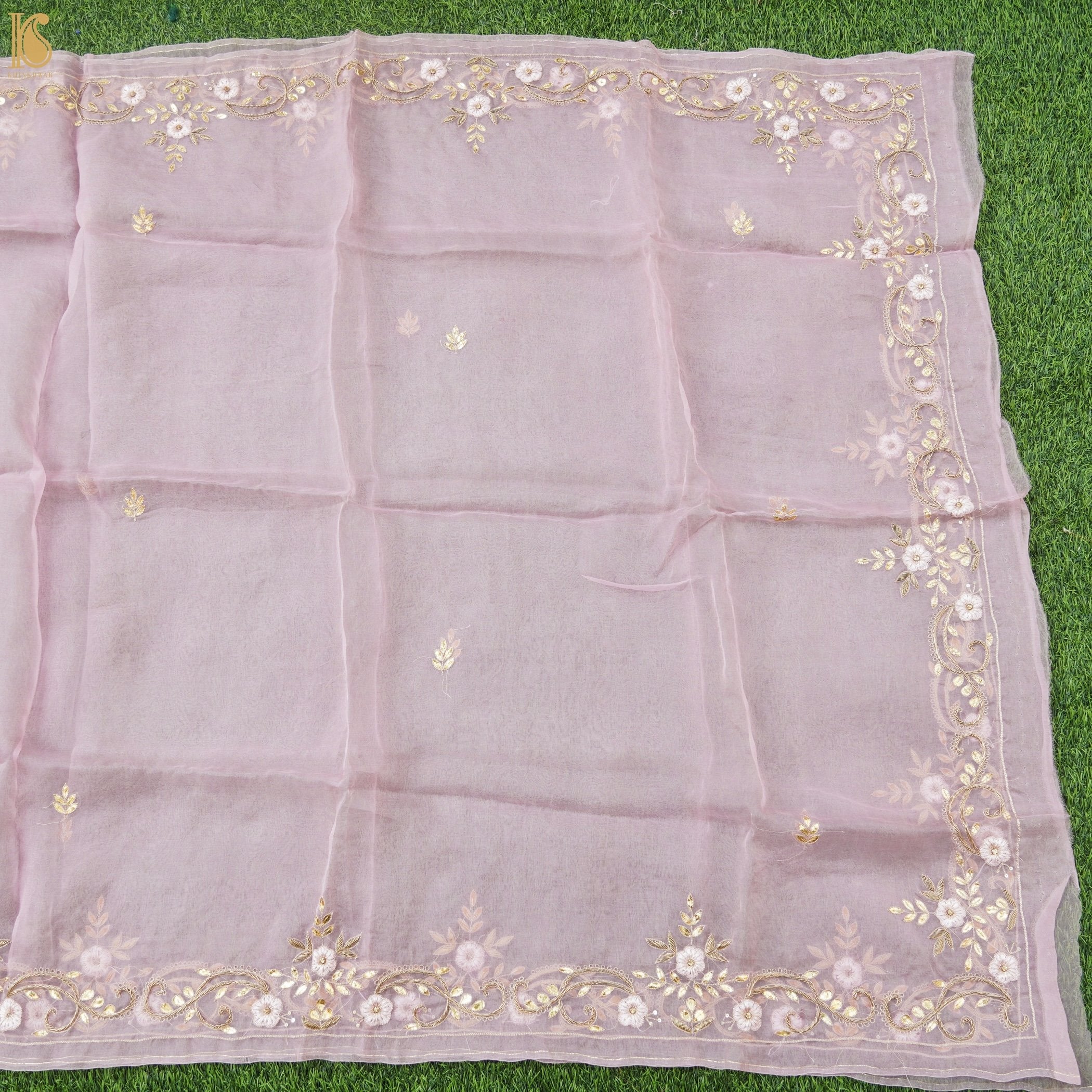 Baby Pink Organza Handloom Embroidered Dupatta - Khinkhwab