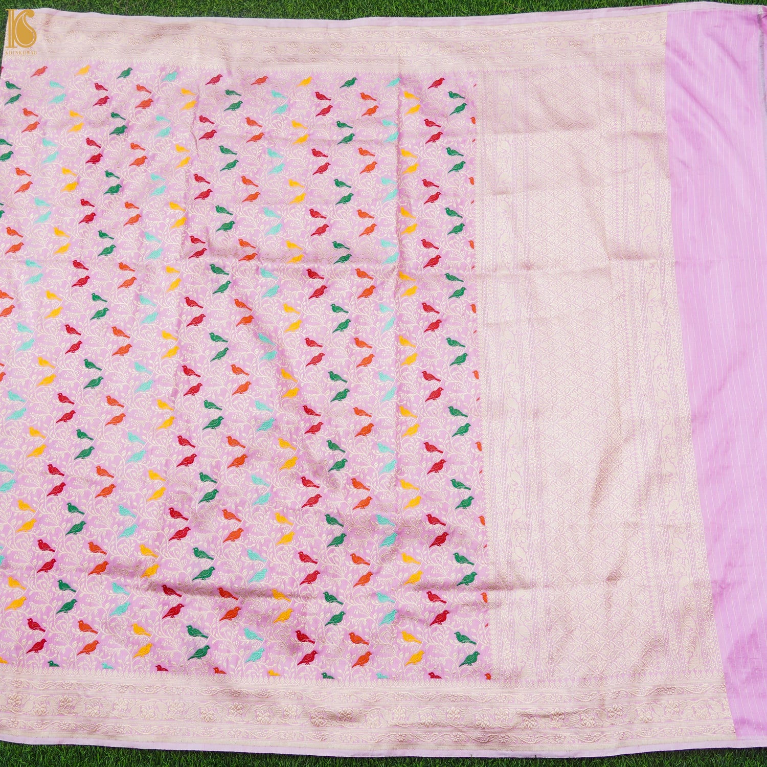 Preorder - Baby Pink Handloom Pure Katan Silk Pink Banarasi Bird Dupatta - Khinkhwab