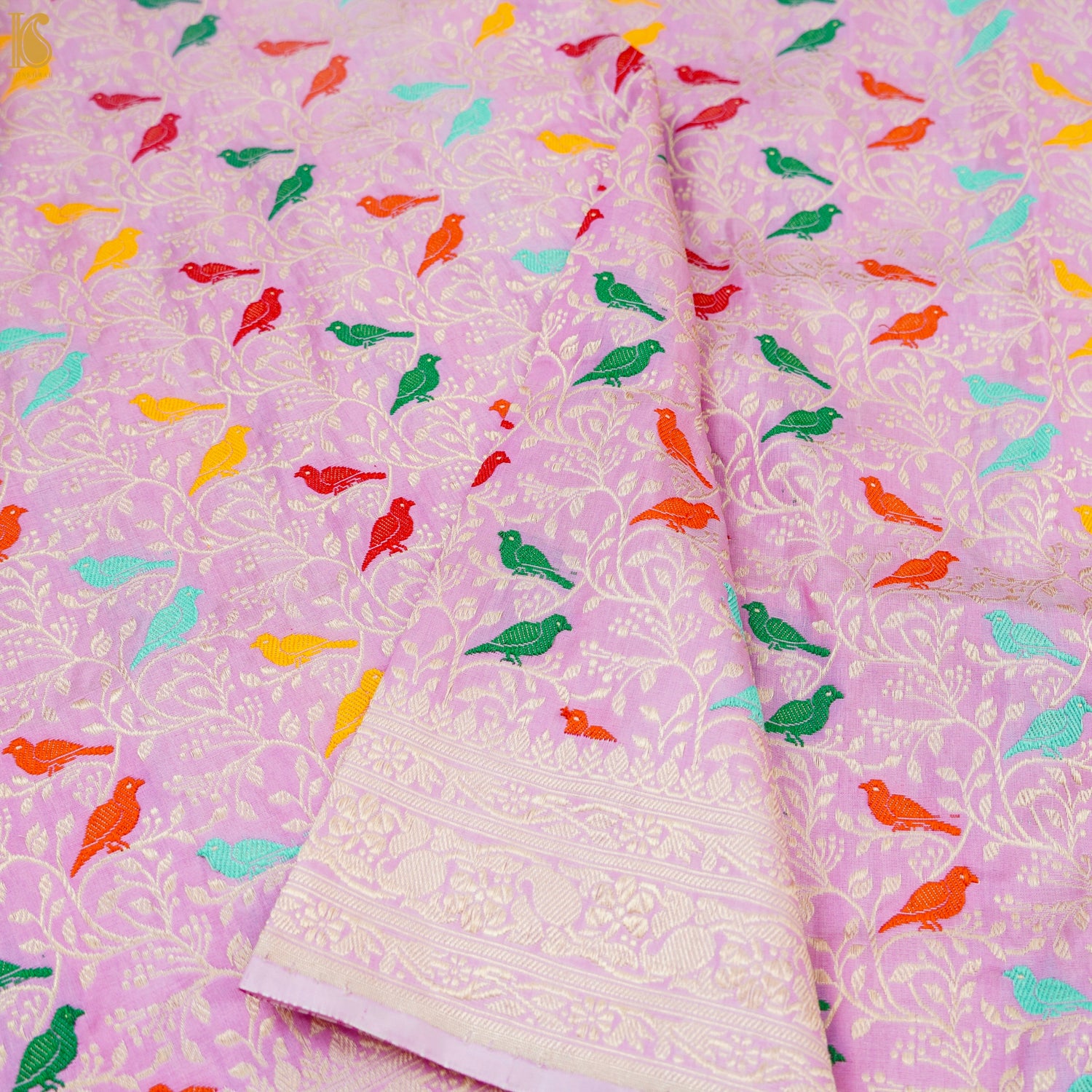 Preorder - Baby Pink Handloom Pure Katan Silk Pink Banarasi Bird Dupatta - Khinkhwab