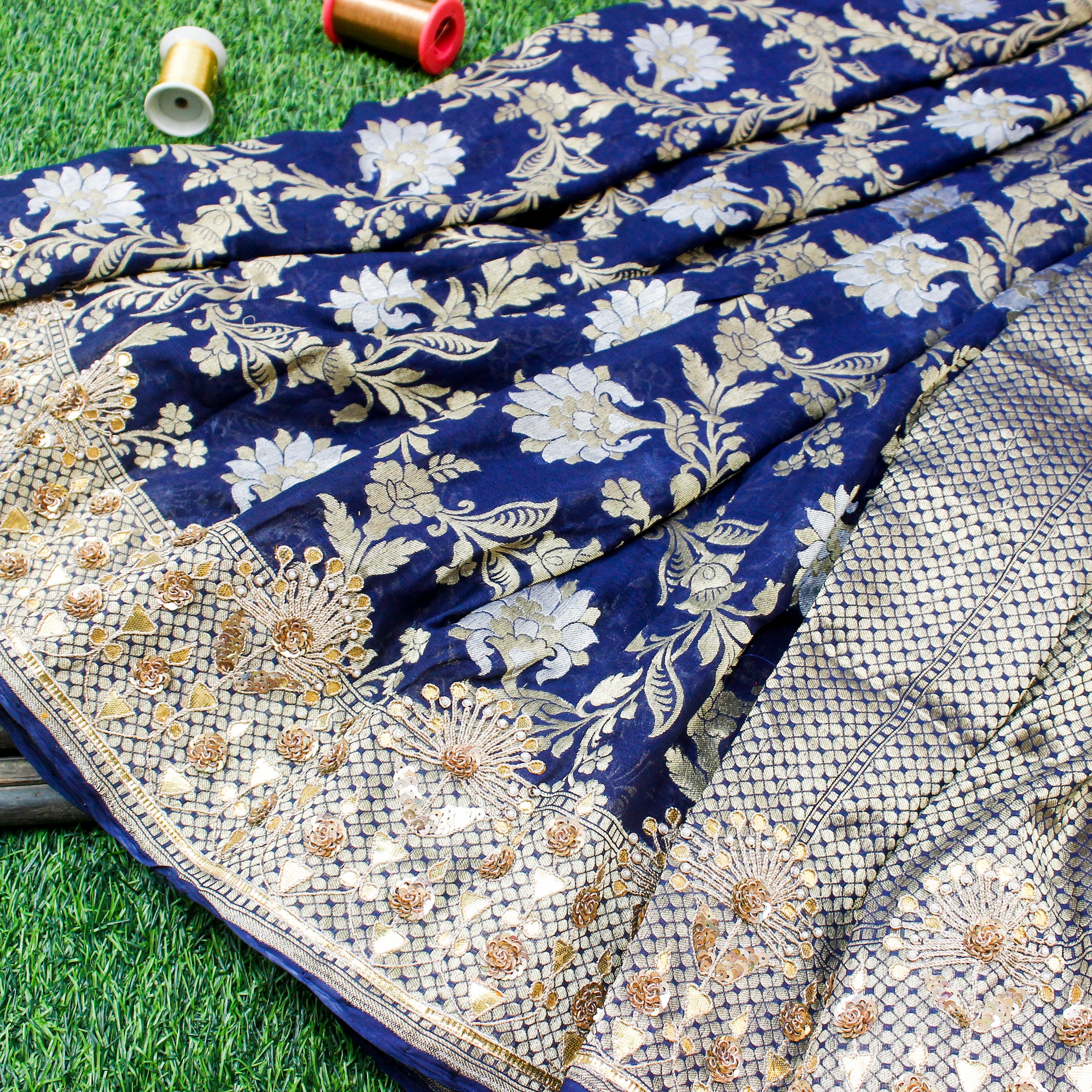 Midnight Blue Handloom Pure Georgette Banarasi Gotta Patti & Zardoz Saree - Khinkhwab