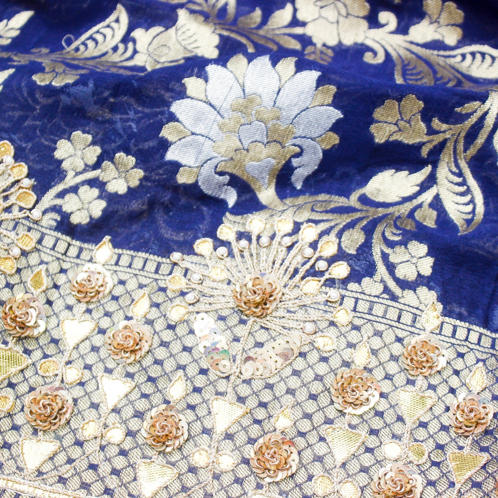 Midnight Blue Handloom Pure Georgette Banarasi Gotta Patti & Zardoz Saree - Khinkhwab