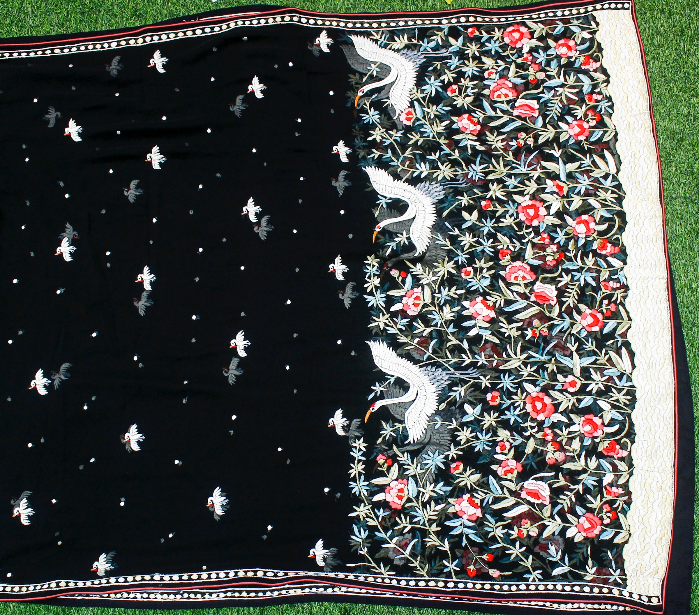 Black Handcrafted Parsi Gara Pure Georgette Swan Dupatta - Khinkhwab