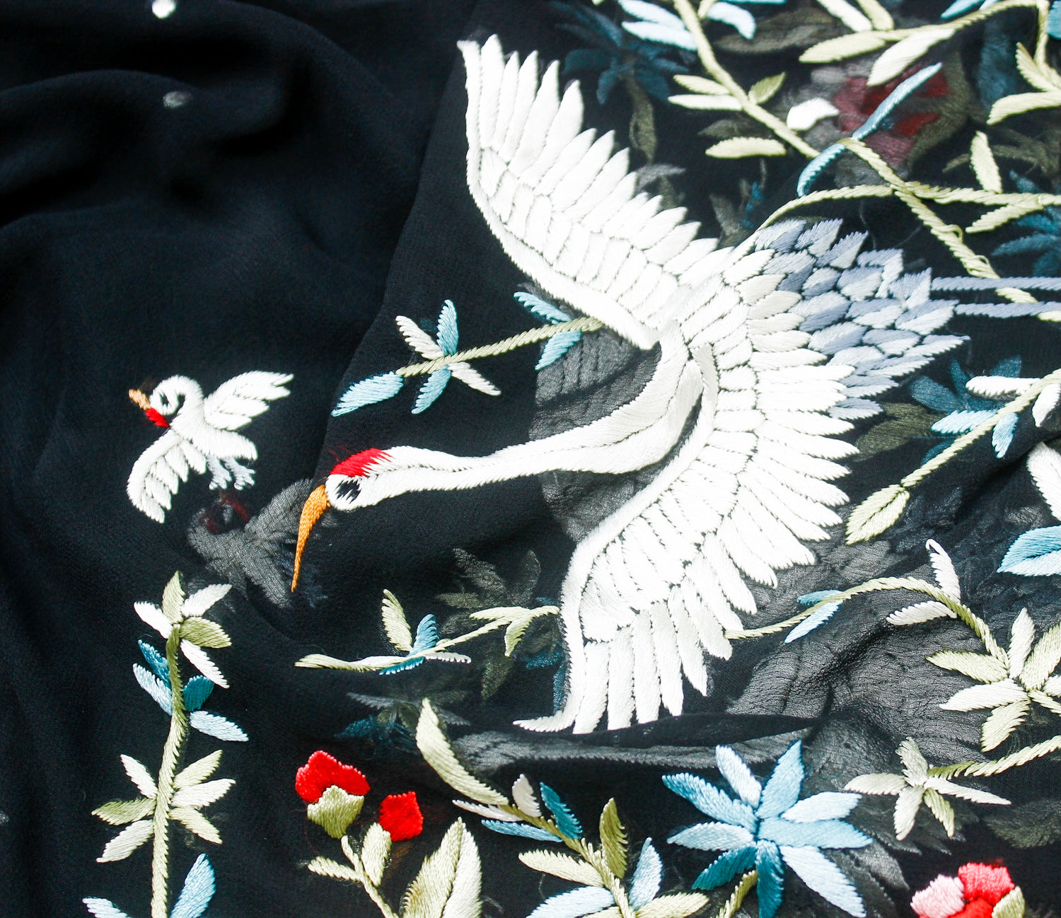 Black Handcrafted Parsi Gara Pure Georgette Swan Dupatta - Khinkhwab