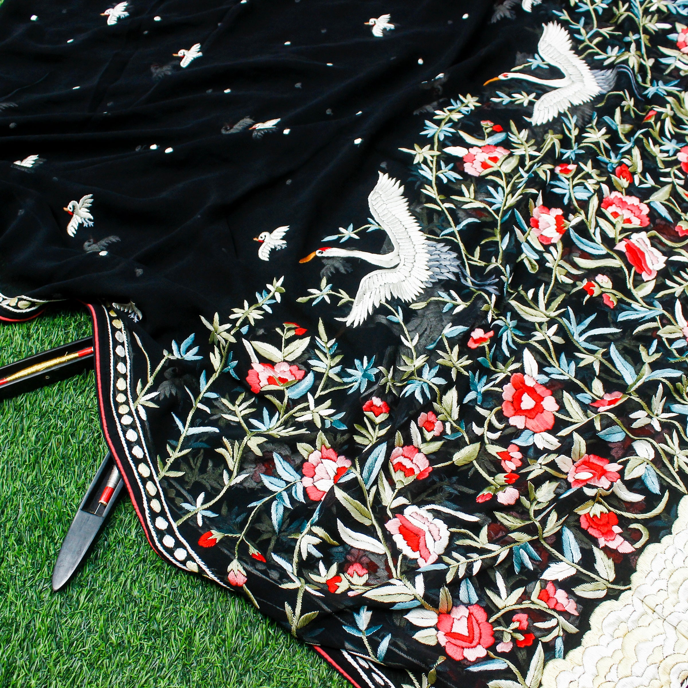 Black Handcrafted Parsi Gara Pure Georgette Swan Dupatta - Khinkhwab