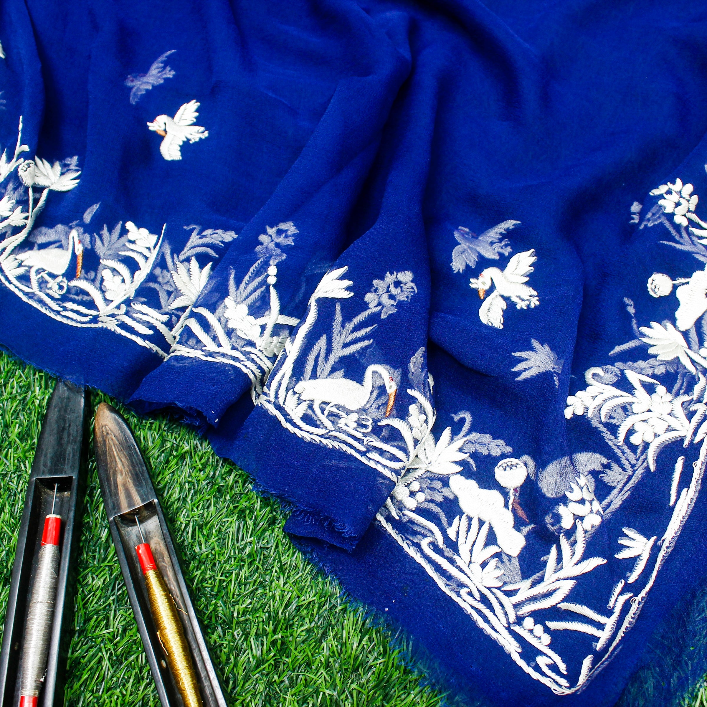 Smalt Blue Handcrafted Parsi Gara Pure Georgette Dupatta - Khinkhwab