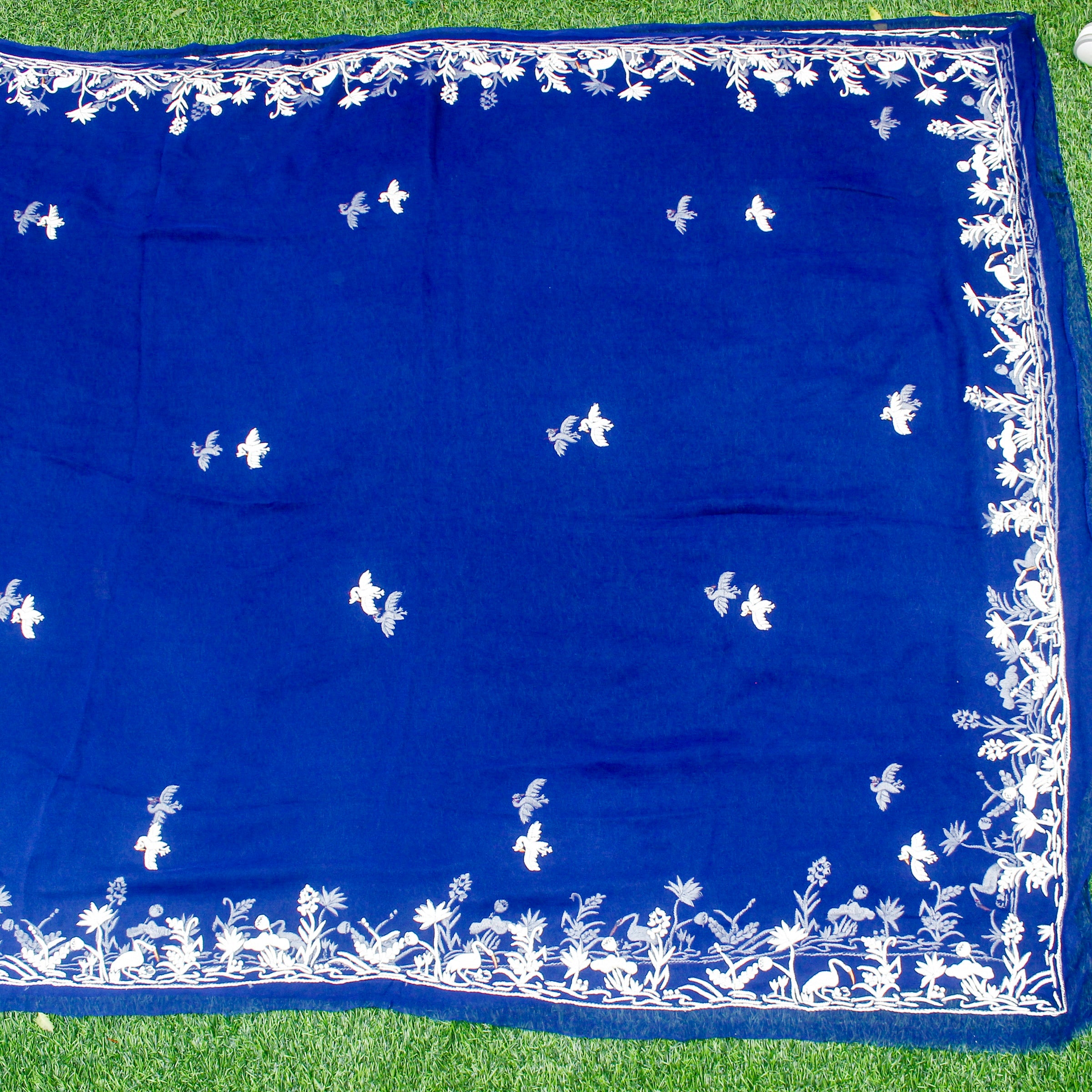 Smalt Blue Handcrafted Parsi Gara Pure Georgette Dupatta - Khinkhwab