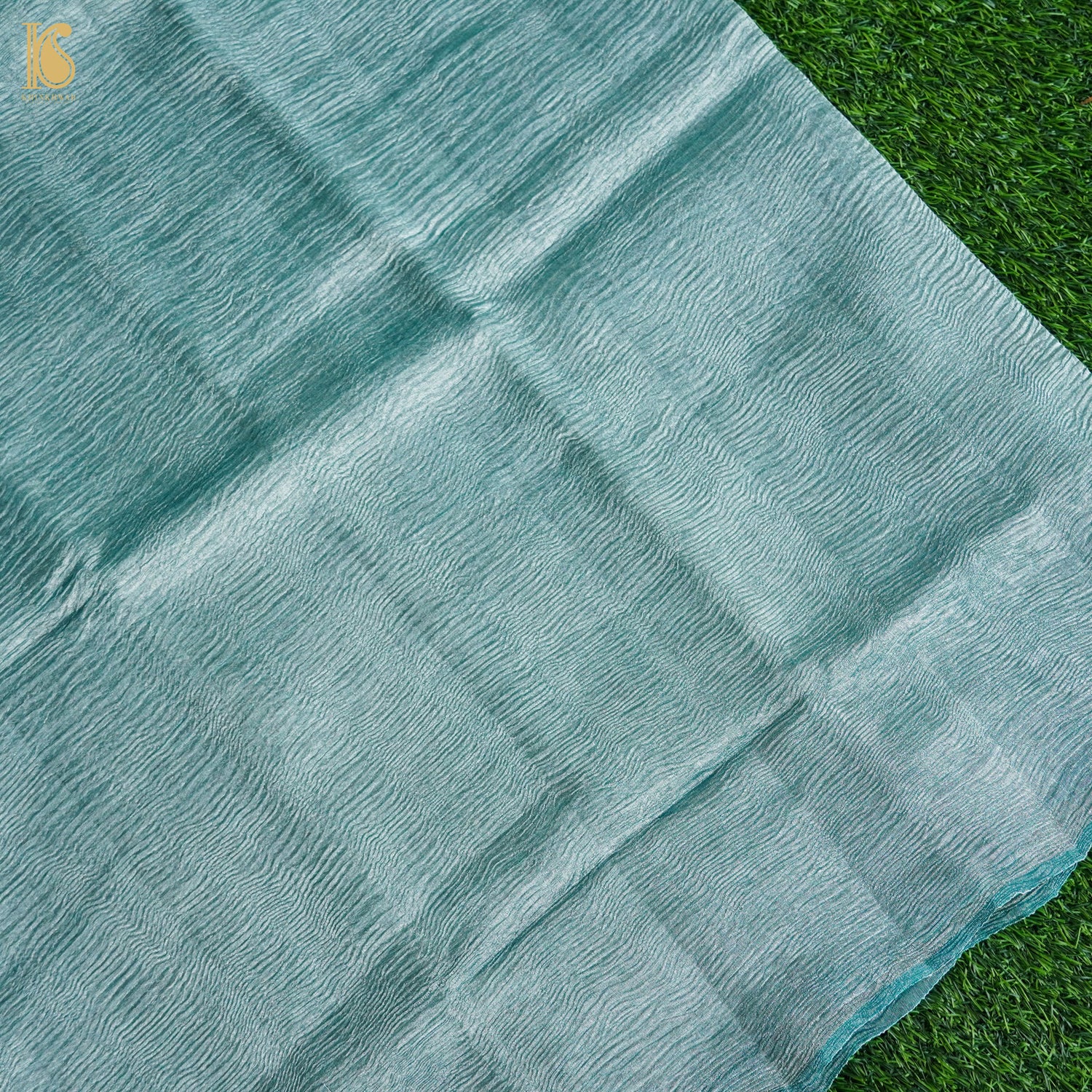 Ziggurat Blue Wrinkle Pure Tissue Silk Saree - Khinkhwab