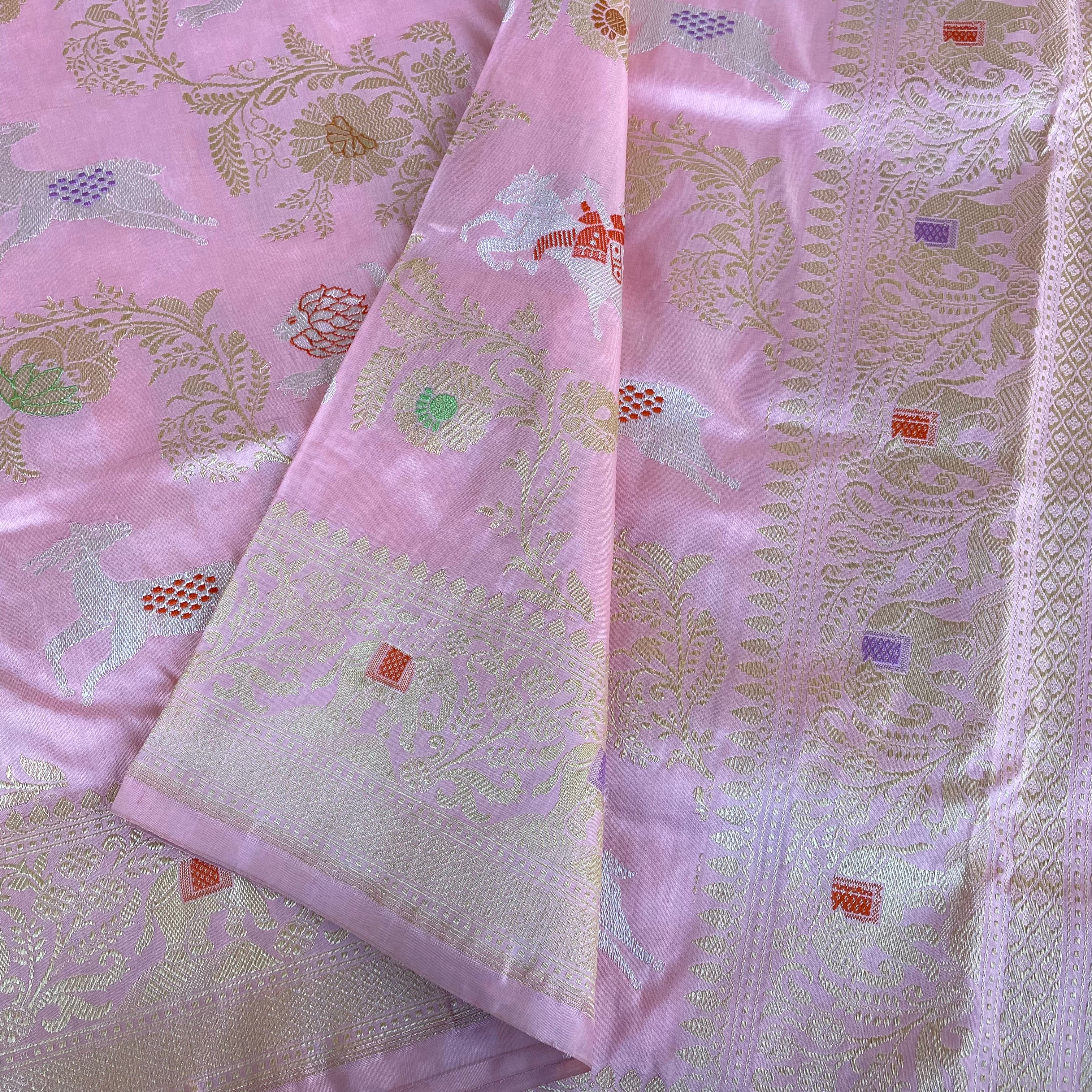 Cupid Pink Handloom Banarasi Pure Katan Silk Kadwa Shikargah Saree - Khinkhwab